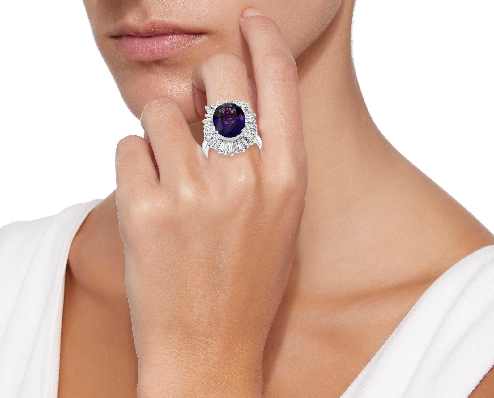 6 Carat Amethyst and 3.5 Carat Diamond Ballerina Ring 14 Karat White Gold, 1970s 1