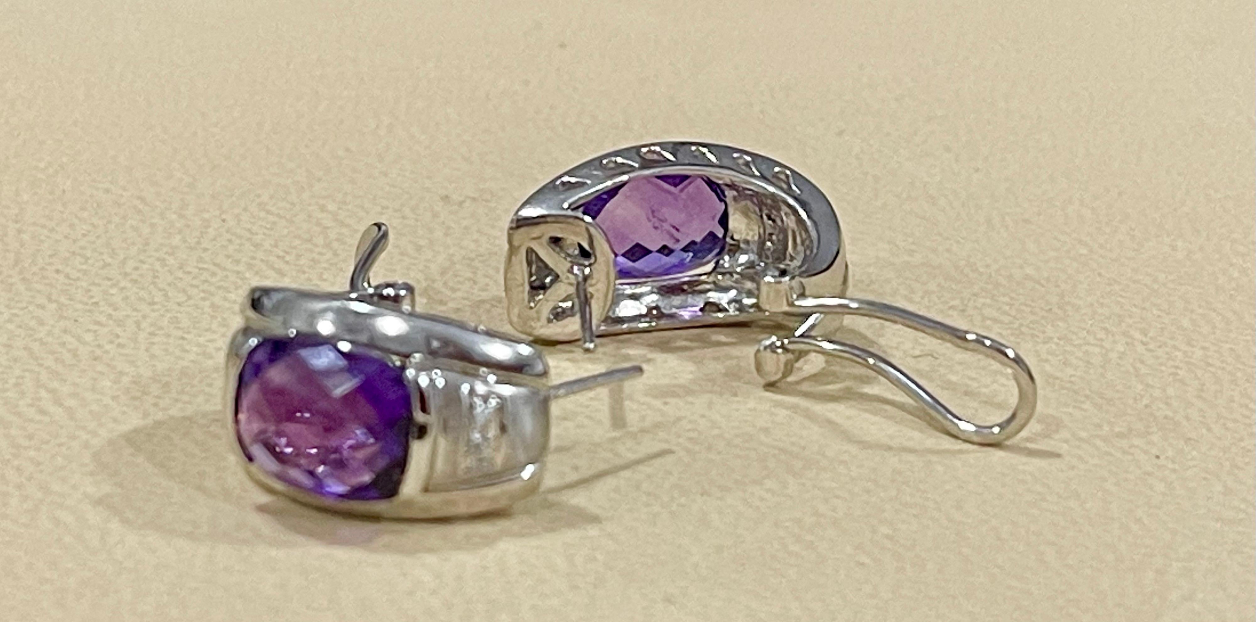 6 Carat Amethyst and Diamond 14 Karat White Gold Earrings, Omega Back For Sale 4