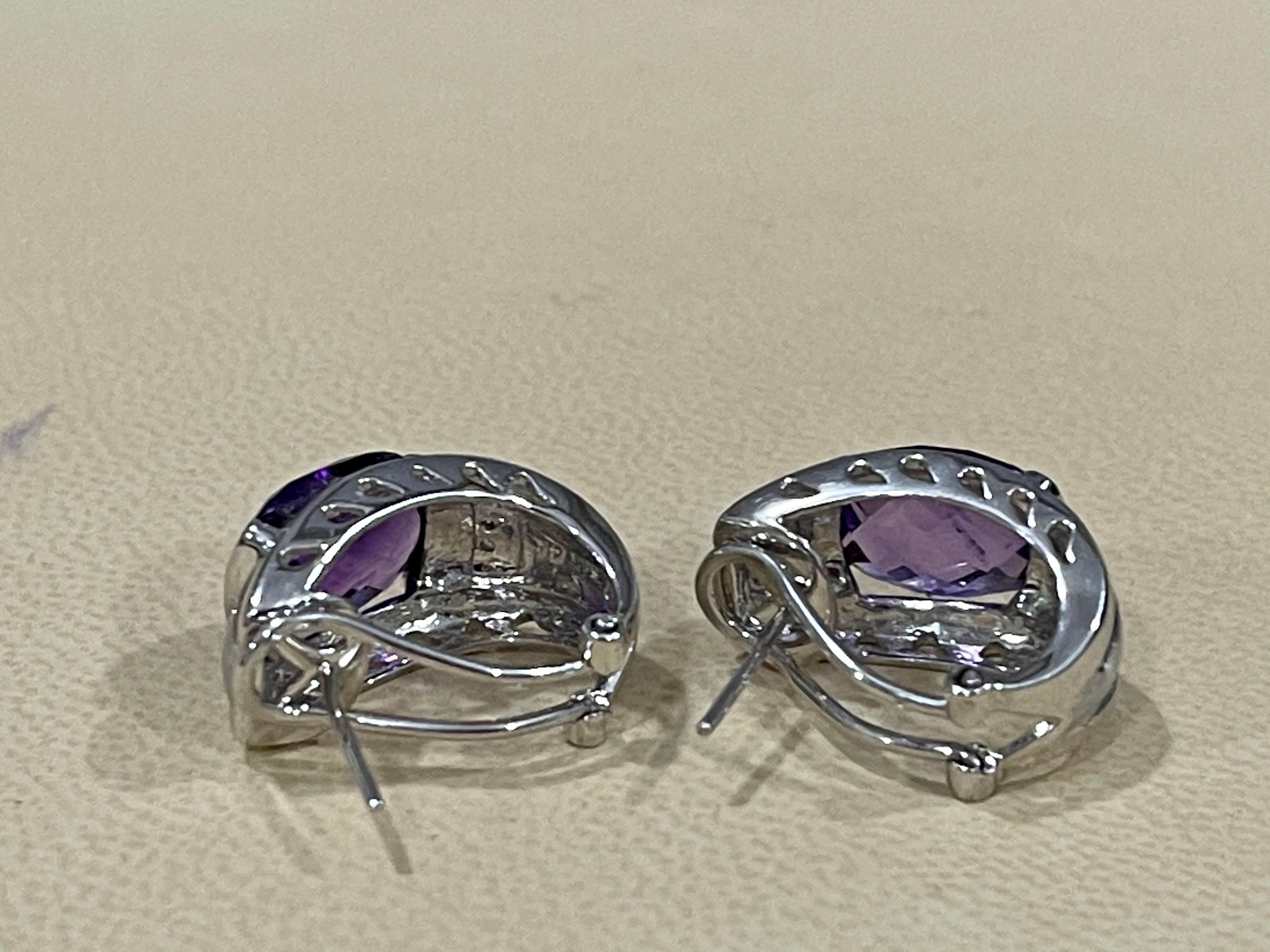 Emerald Cut 6 Carat Amethyst and Diamond 14 Karat White Gold Earrings, Omega Back For Sale