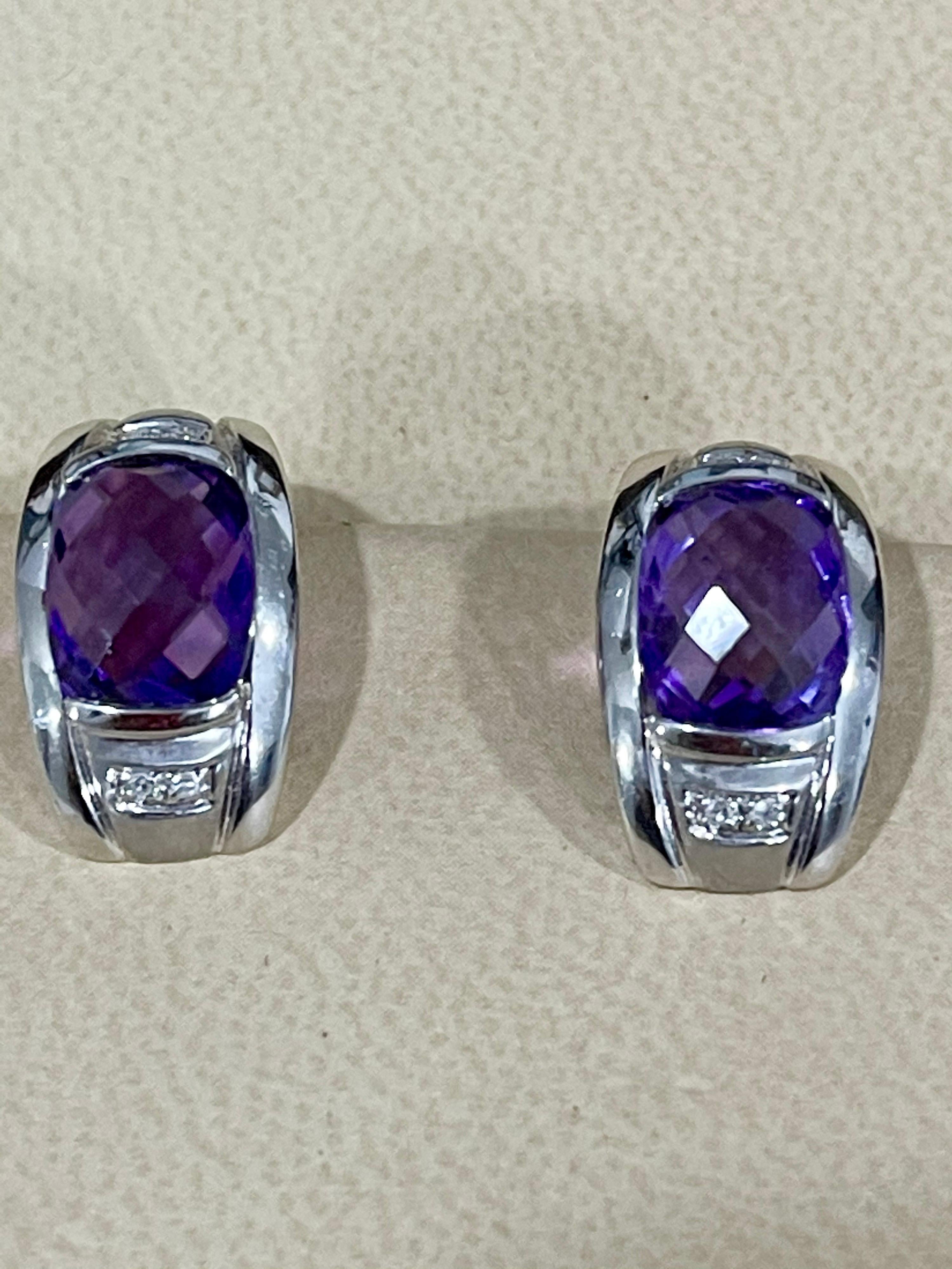 6 Carat Amethyst and Diamond 14 Karat White Gold Earrings, Omega Back In Excellent Condition For Sale In New York, NY