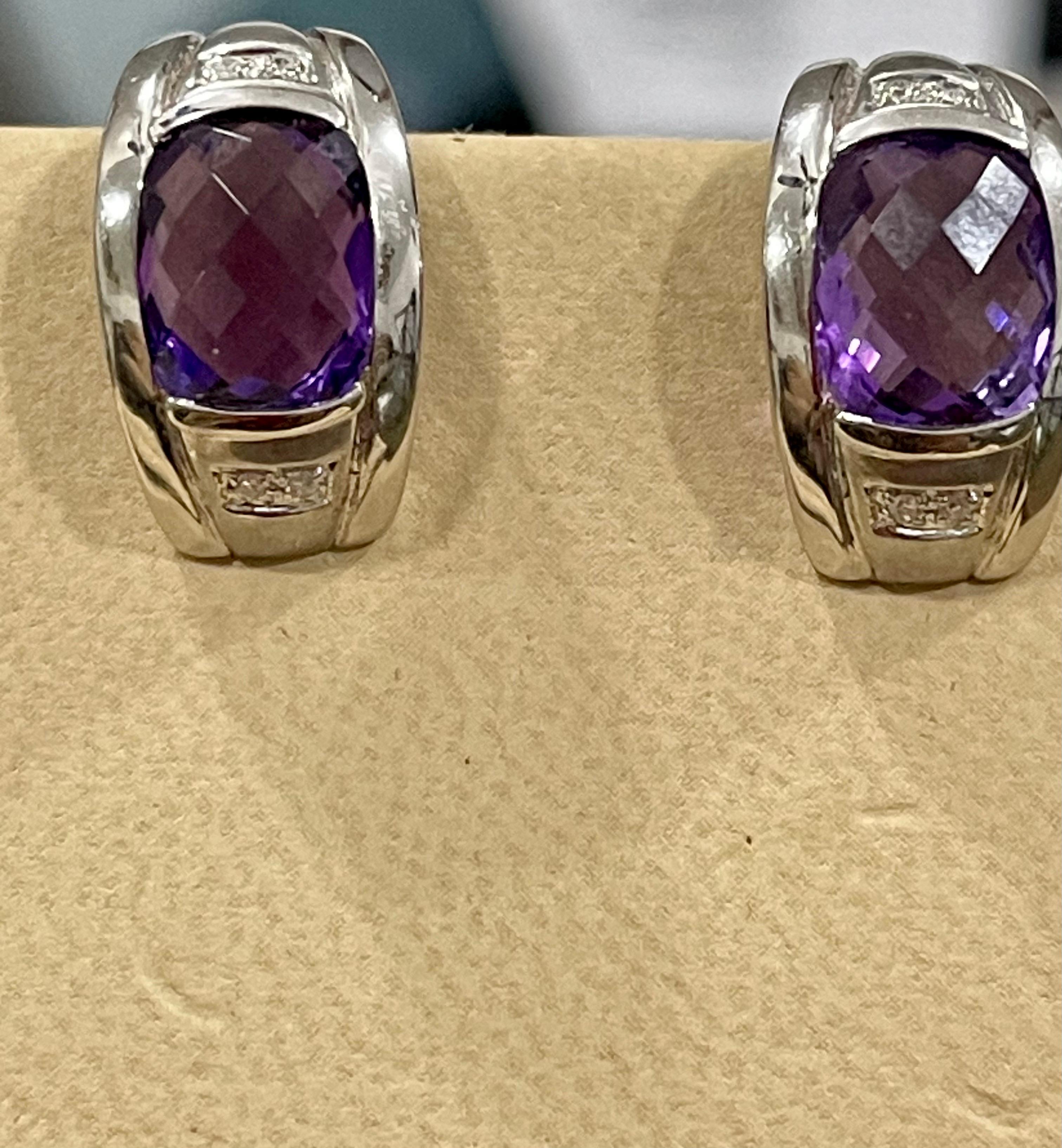 6 Carat Amethyst and Diamond 14 Karat White Gold Earrings, Omega Back For Sale 1