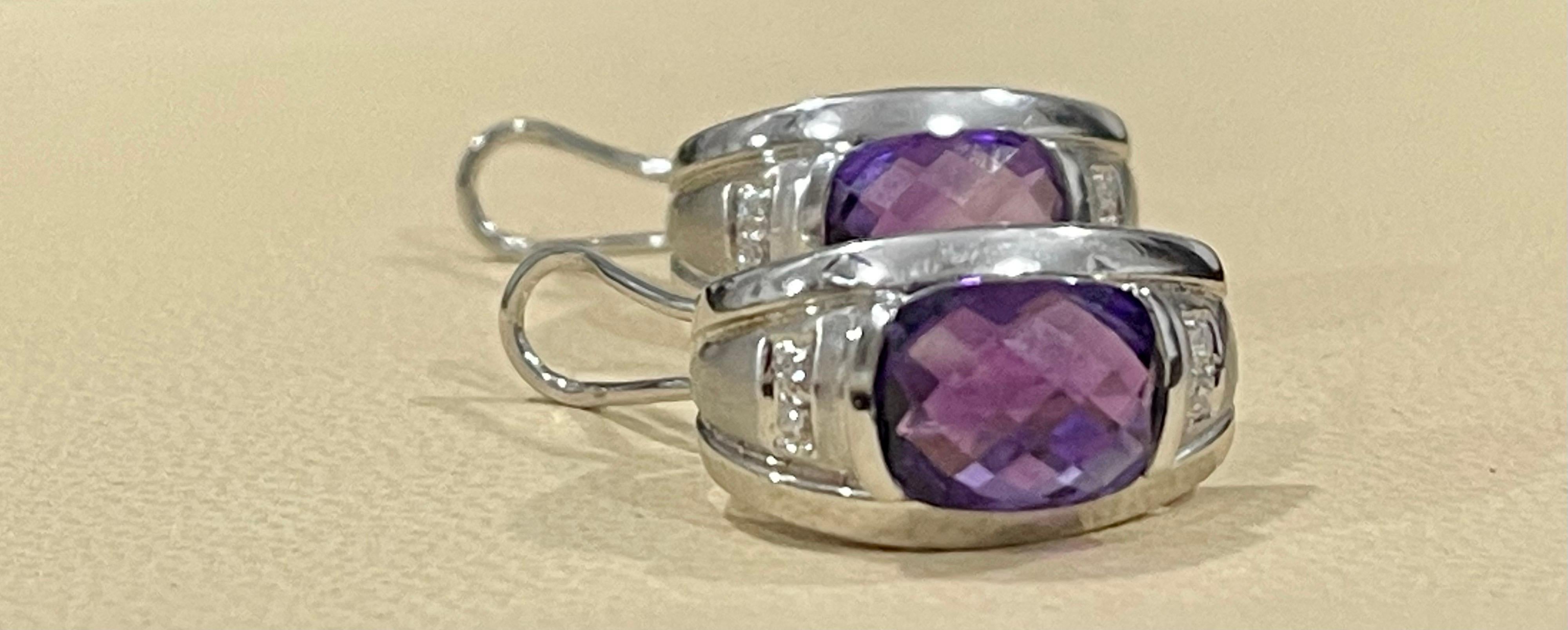 6 Carat Amethyst and Diamond 14 Karat White Gold Earrings, Omega Back For Sale 2