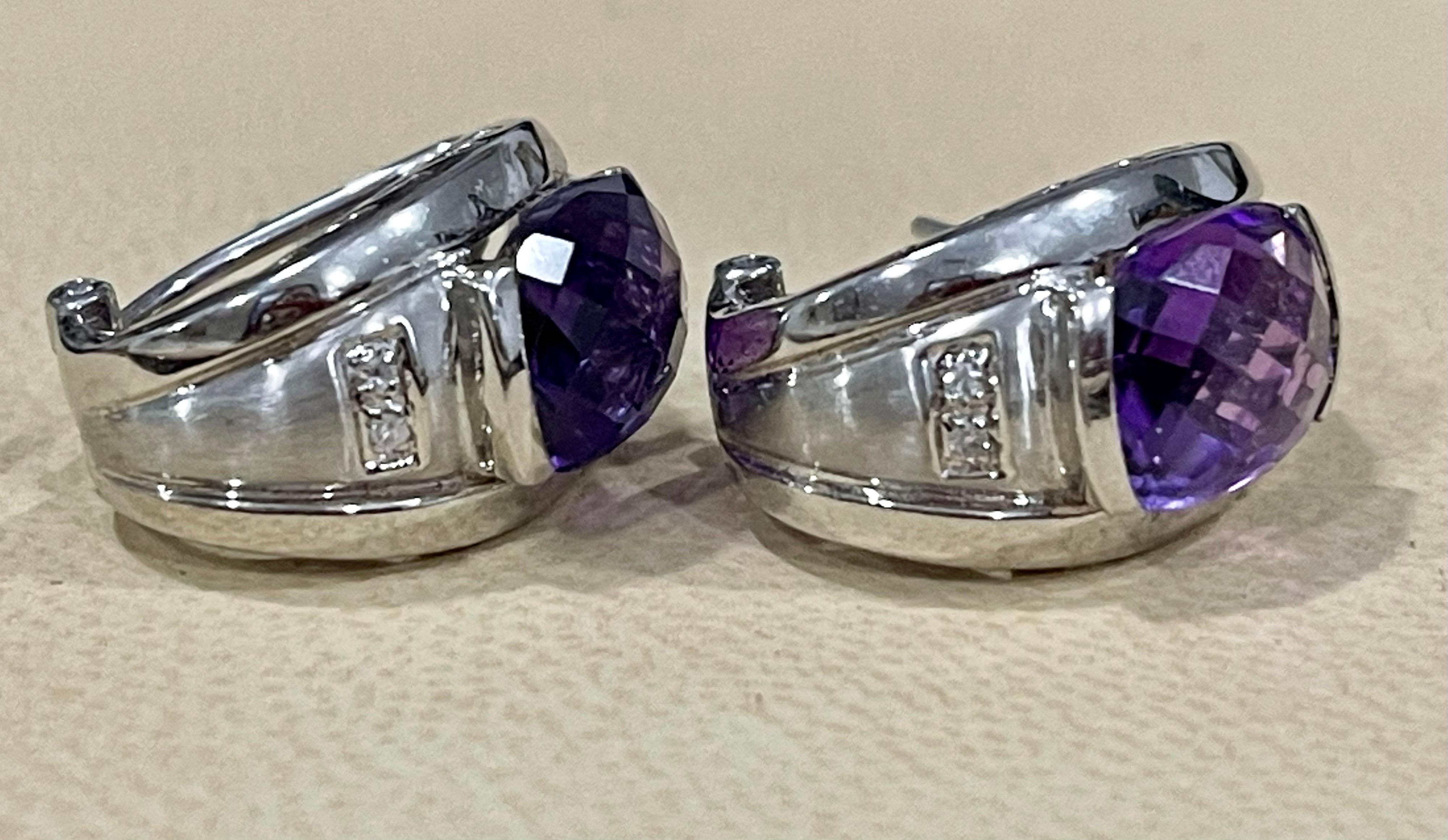 6 Carat Amethyst and Diamond 14 Karat White Gold Earrings, Omega Back For Sale 3