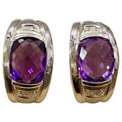 Vintage 6 Carat Amethyst and Diamond 14 Karat White Gold Earrings, Omega Back