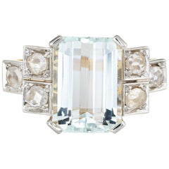 6 Carat Aquamarine Diamond Ring 14 Karat Gold Estate Fine Cocktail Jewelry
