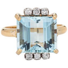 6 Carat Aquamarine Diamond Ring Vintage Cocktail 18 Karat Gold Platinum Jewelry