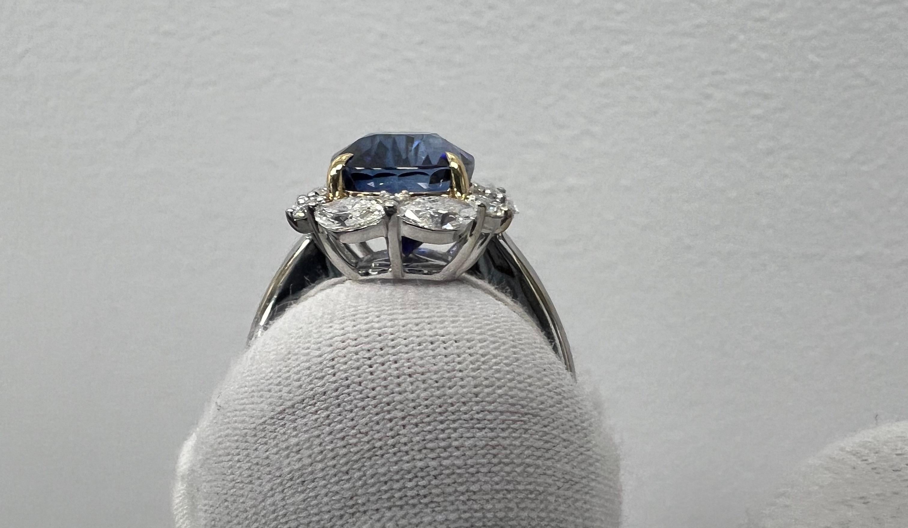 Cushion Cut 6 Carat Blue Sapphire and Diamond Marquise Ring For Sale