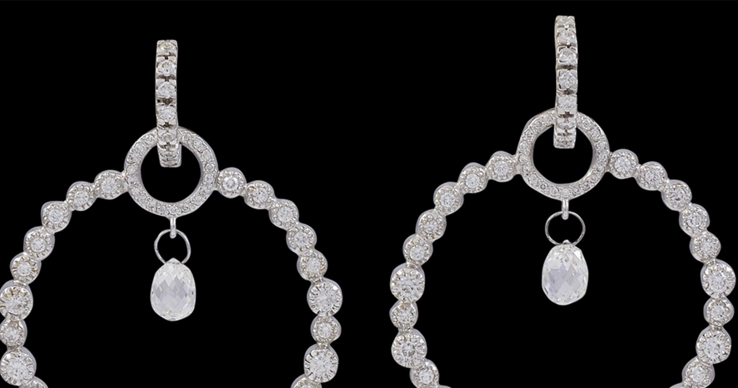 Round Cut 6 Carat Briolette Drop Diamond Hoop Cocktail Earrings in 18 Karat White Gold