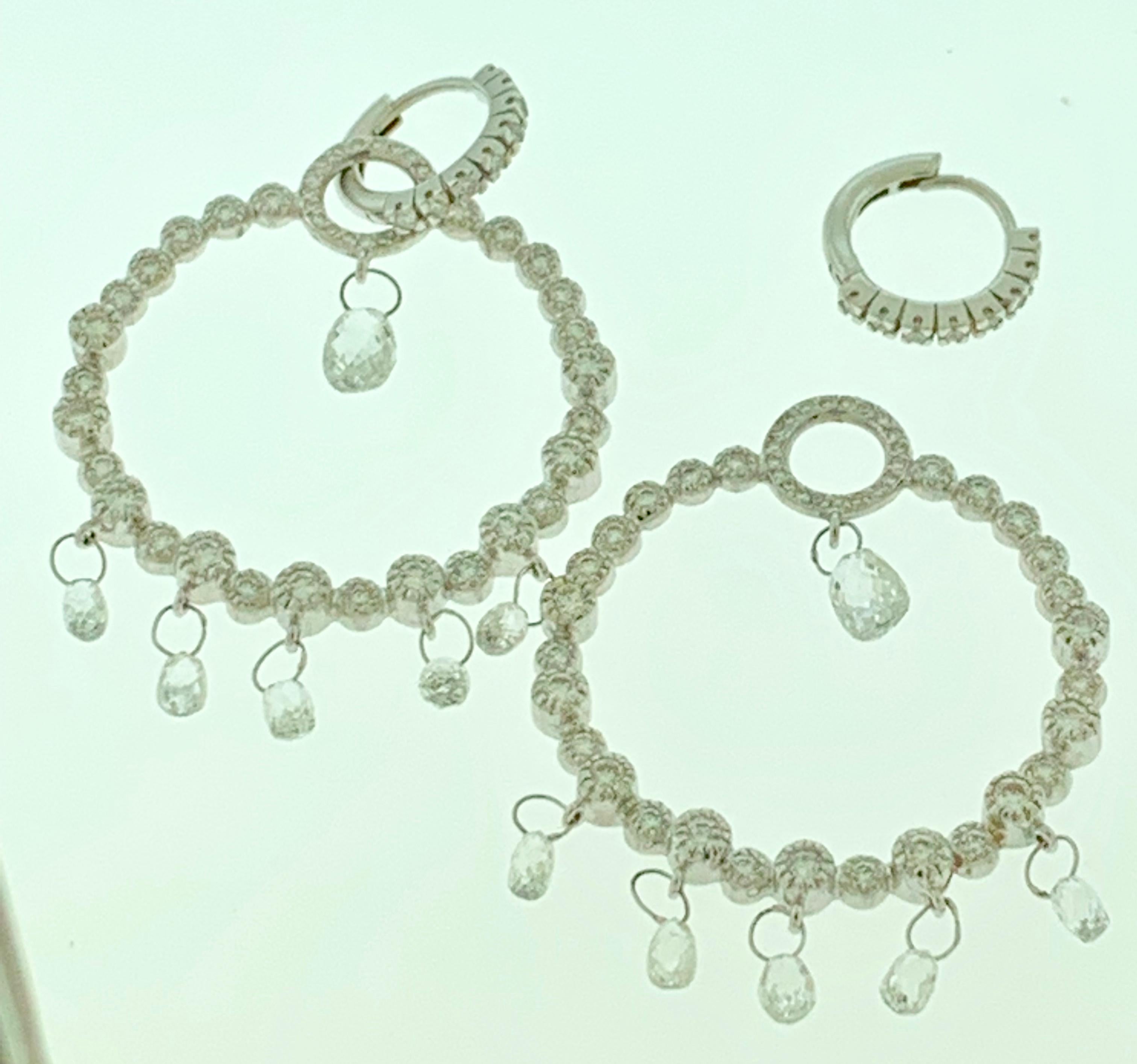 Women's 6 Carat Briolette Drop Diamond Hoop Cocktail Earrings in 18 Karat White Gold