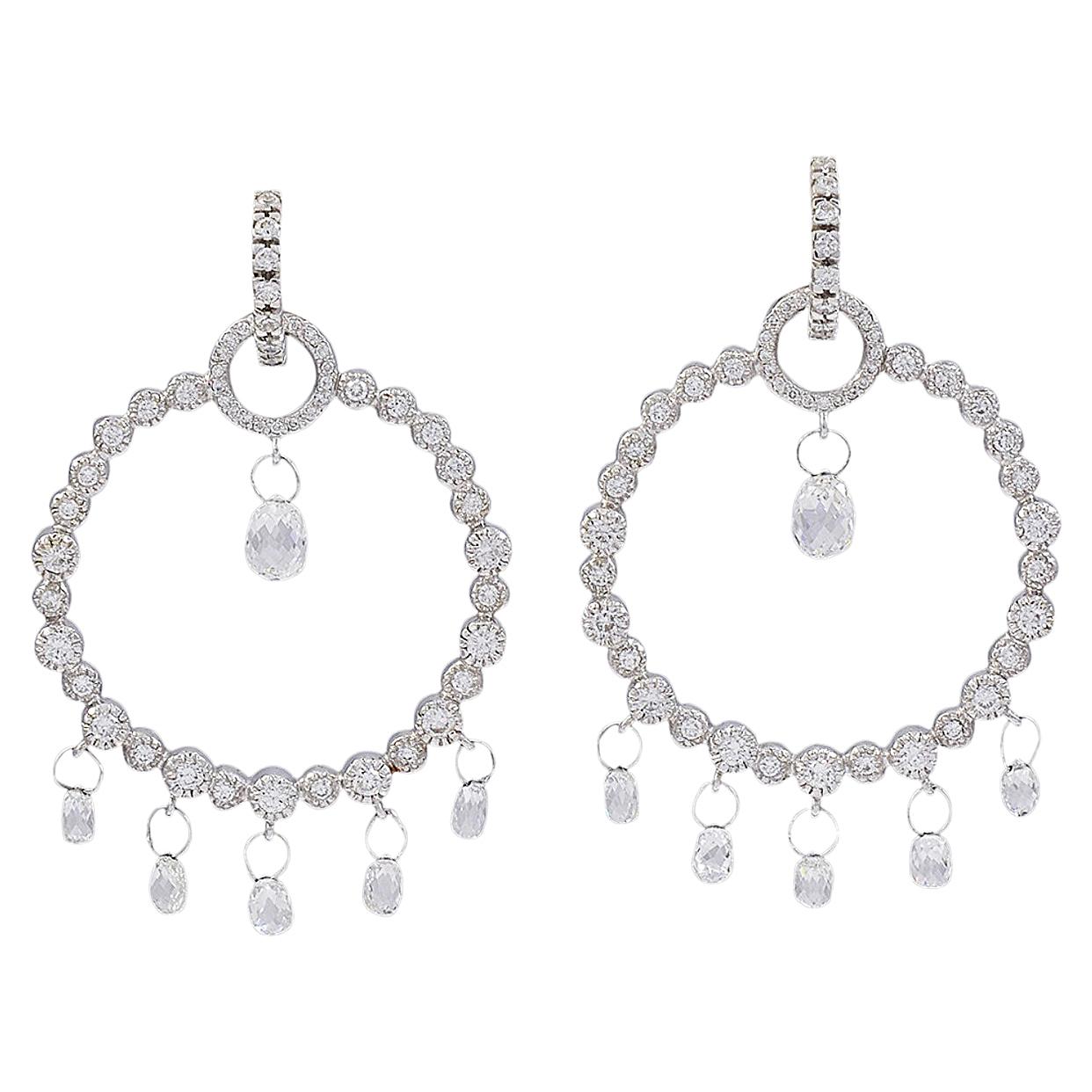 6 Carat Briolette Drop Diamond Hoop Cocktail Earrings in 18 Karat White Gold