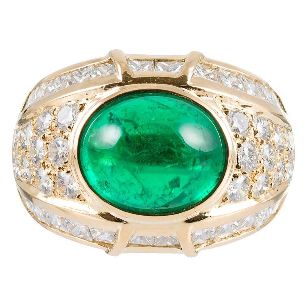6 Carat Cabochon Emerald and Diamond Dome Ring