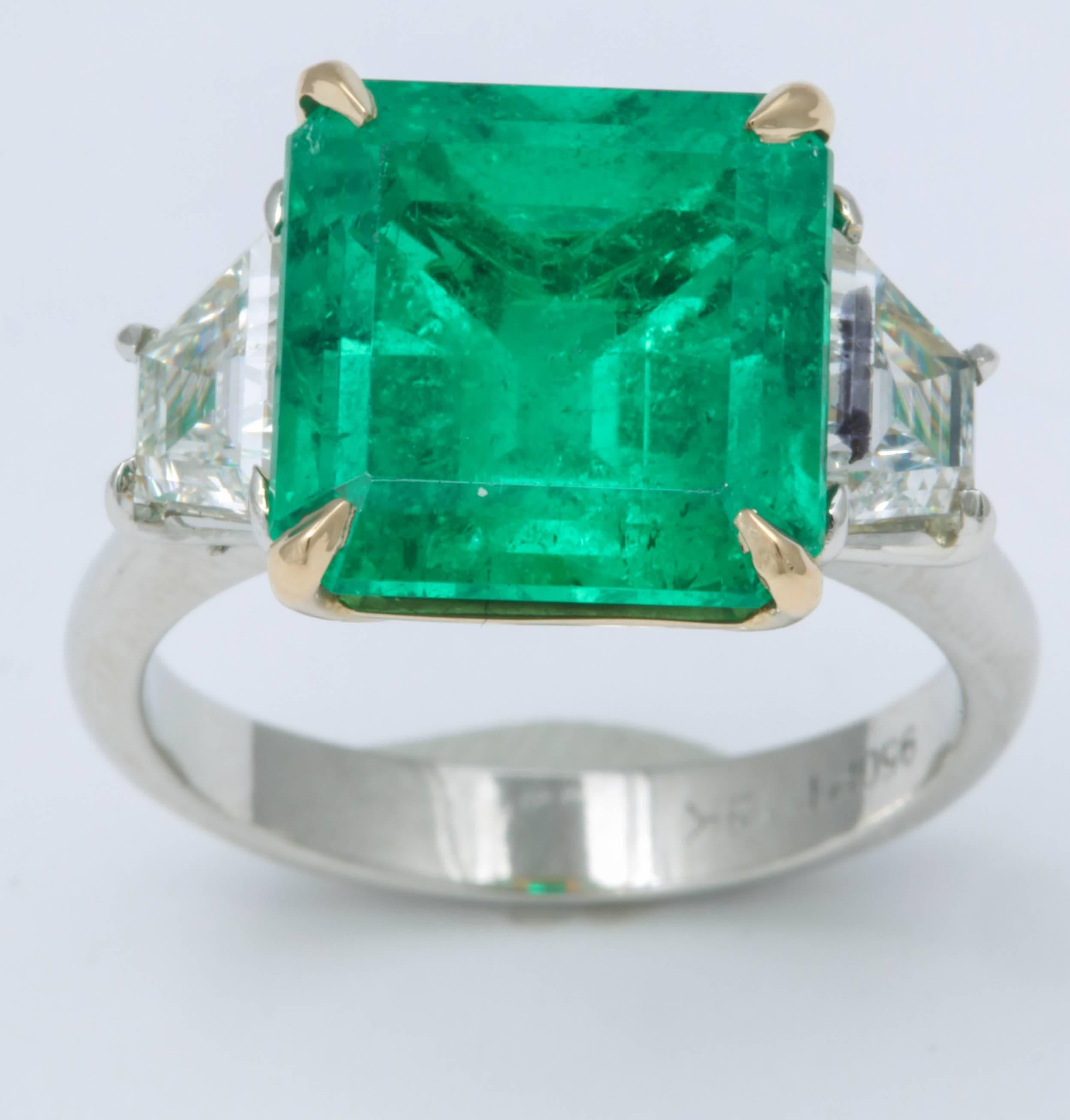 Emerald Cut 6 Carat Colombian Emerald and Diamond Ring For Sale