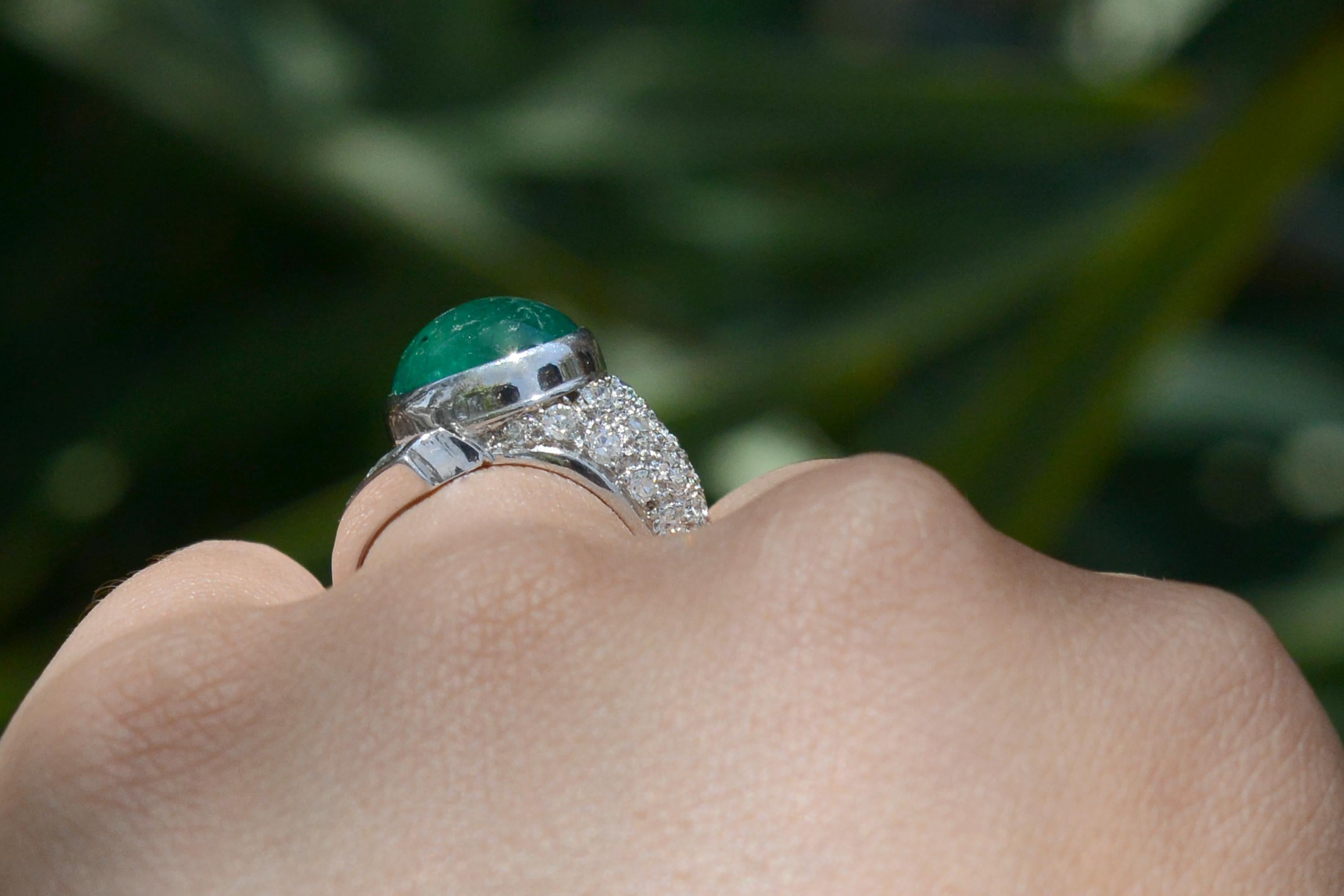 Women's or Men's 6 Carat Colombian Emerald Cabochon and Diamond Art Deco Cocktail Ring