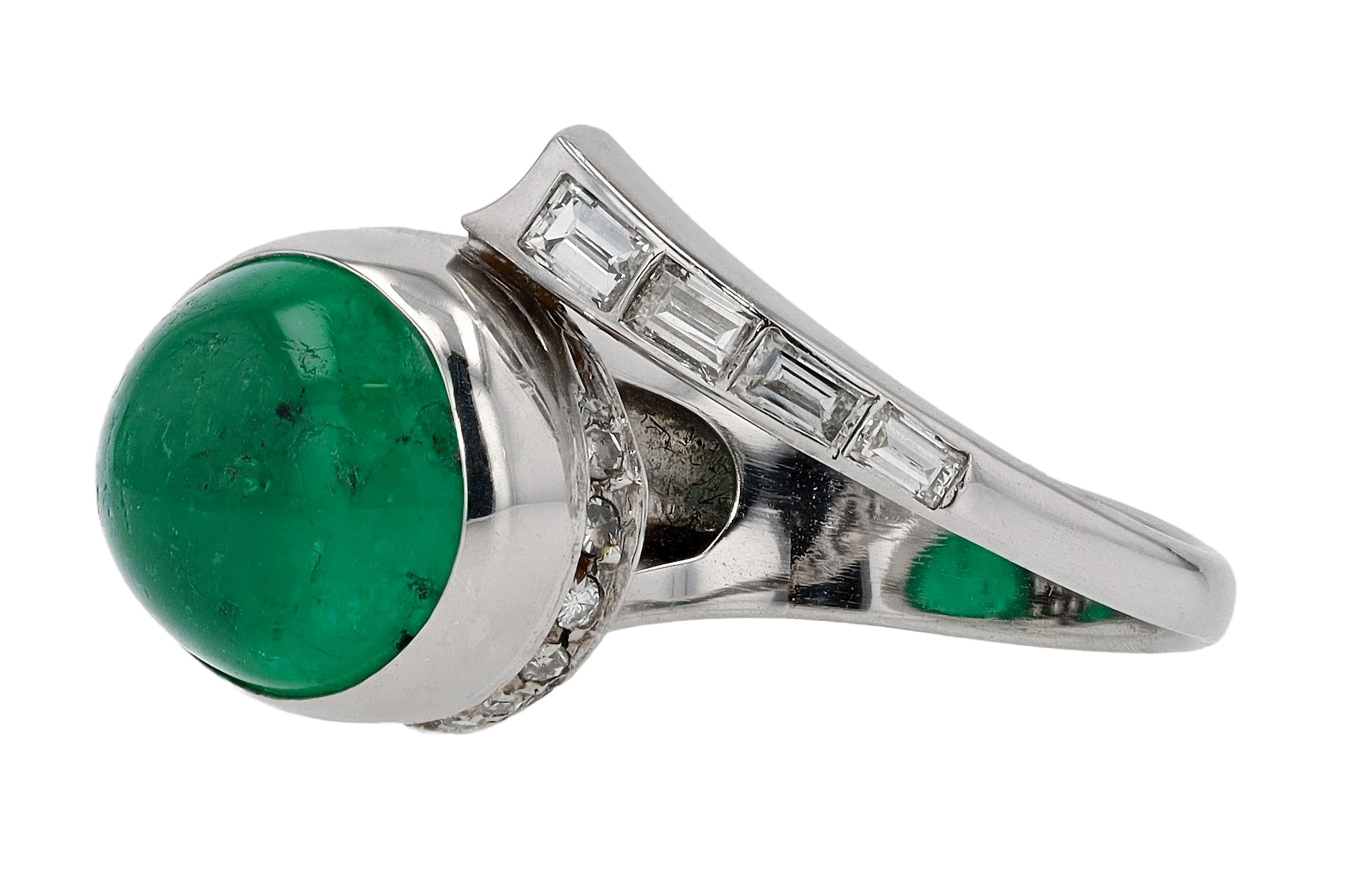 6 Carat Colombian Emerald Cabochon and Diamond Art Deco Cocktail Ring 1