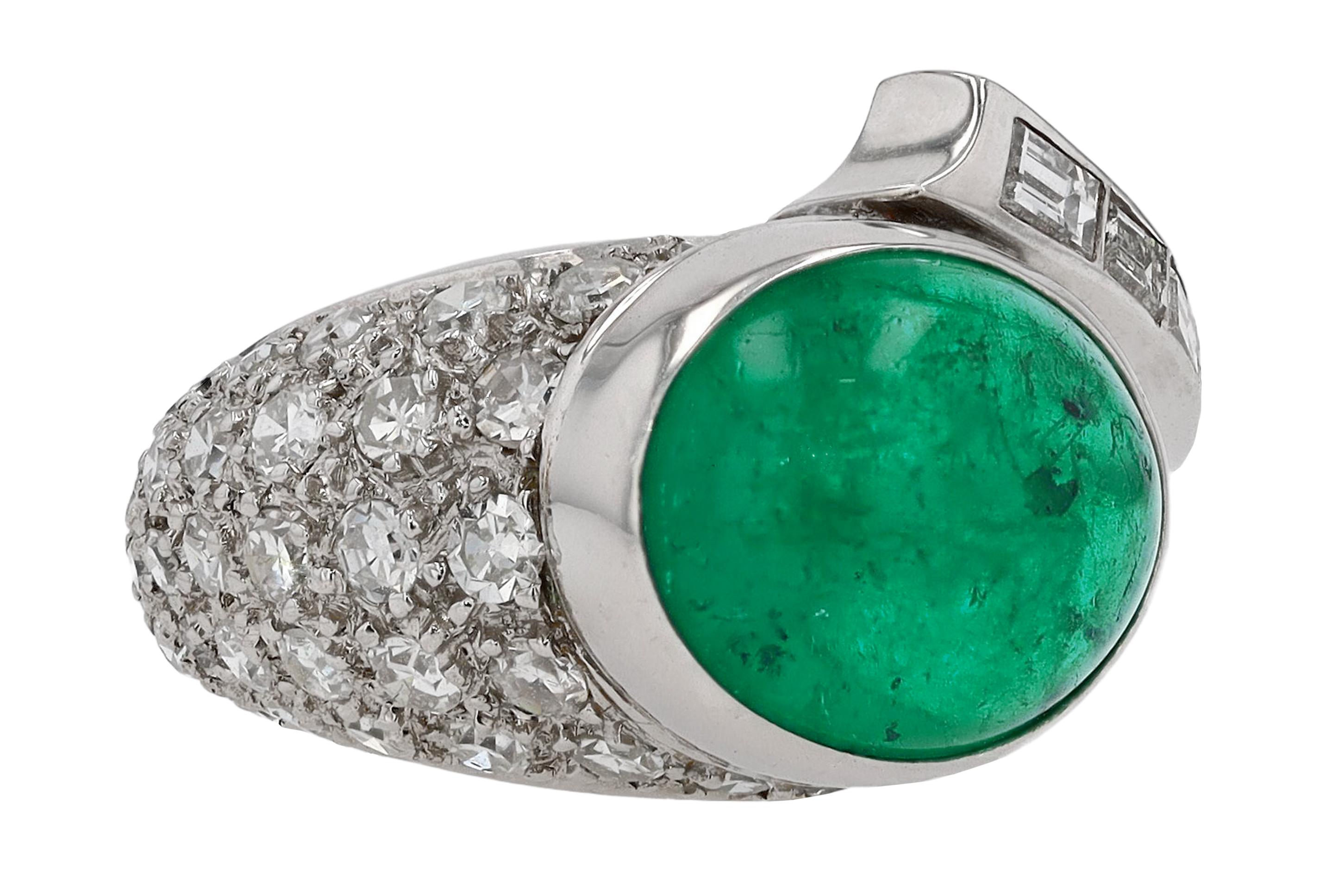 6 Carat Colombian Emerald Cabochon and Diamond Art Deco Cocktail Ring 2