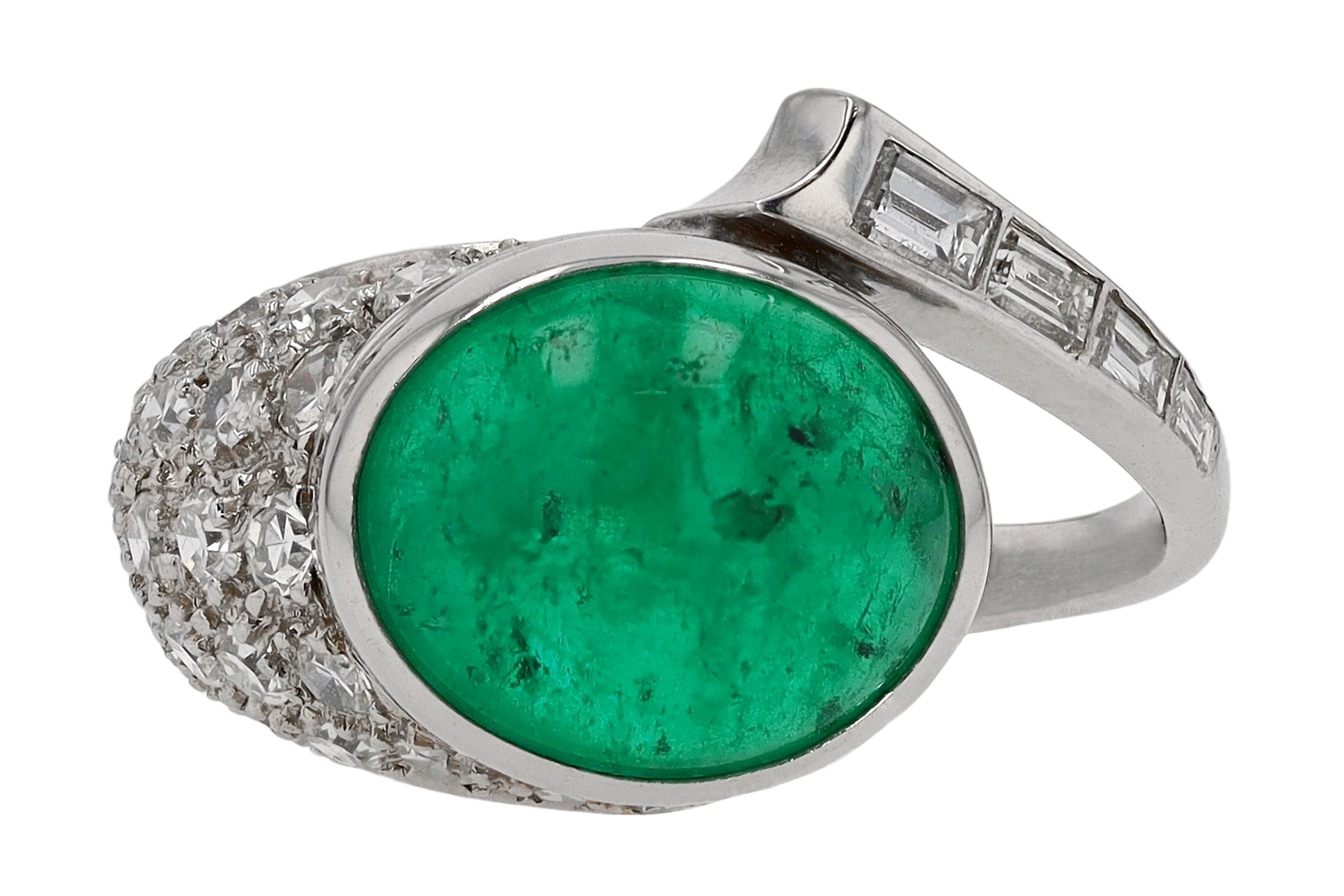 6 Carat Colombian Emerald Cabochon and Diamond Art Deco Cocktail Ring 3