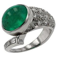6 Carat Colombian Emerald Cabochon and Diamond Art Deco Cocktail Ring