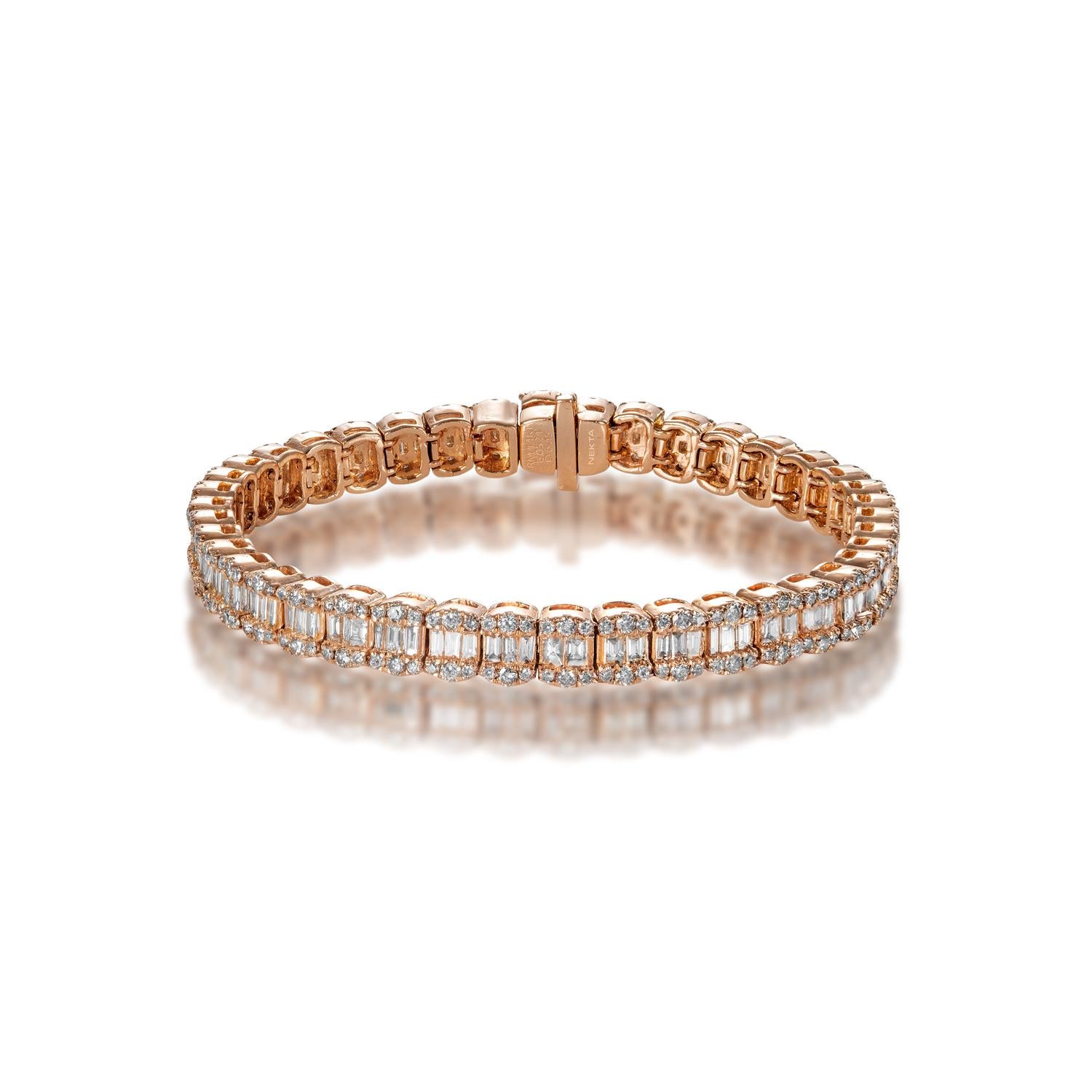 Style: Single Row Diamond Tennis Bracelet For Female
Diamonds
Diamond Size: 6.45 Carats
Diamond Shape: Combine Mix Shape

Setting: Miracle Set
Metal: 14 Karat Rose Gold 25.40 grams
Clasp: Box catch with hidden safety

Total Carat Weight:  6.45 Carats