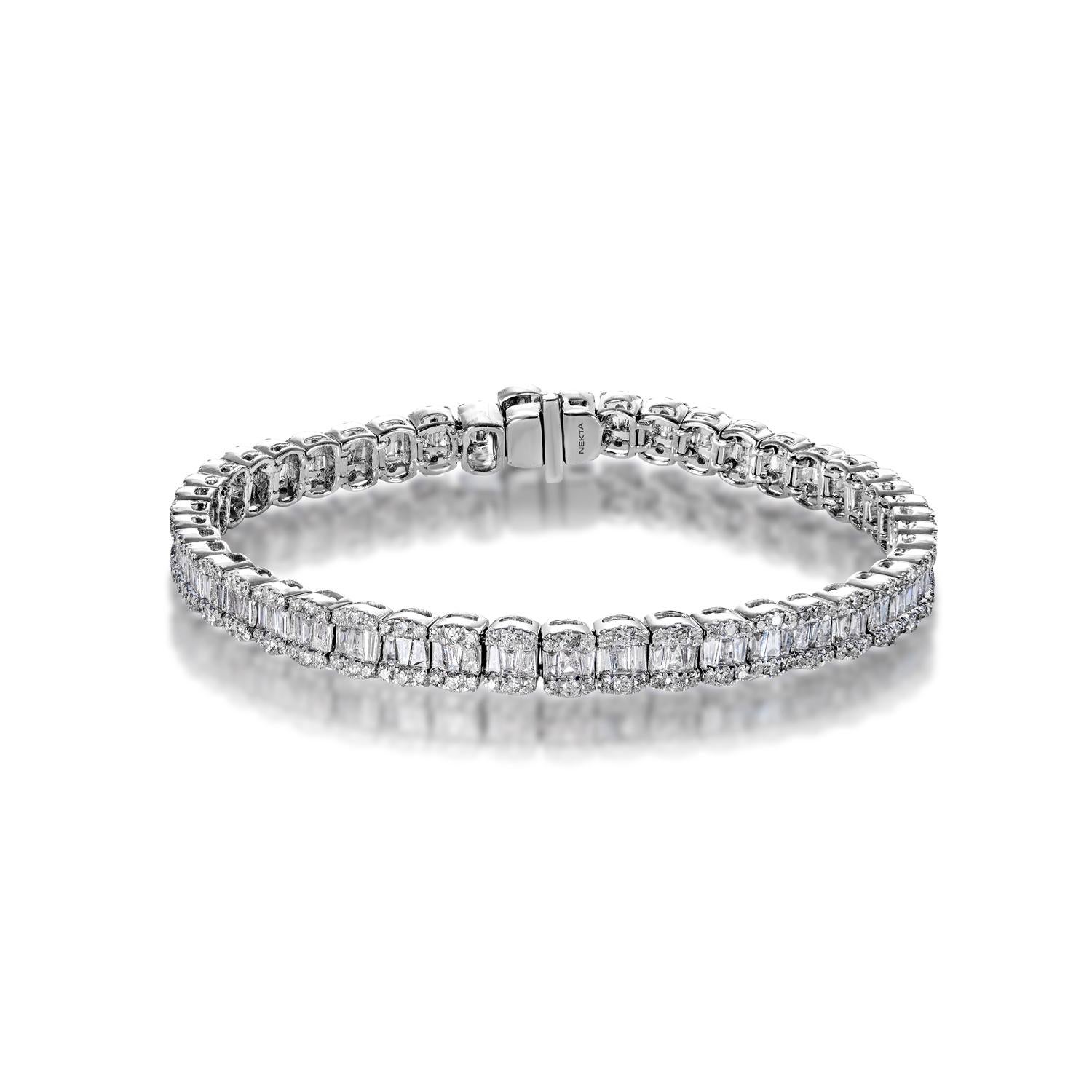 Style: Single Row Diamond Tennis Bracelet for Ladies
Diamonds
Diamond Size: 6.40 Carats
Diamond Shape: Combine Mix Shape

Setting: Miracle Set
Metal: 14 Karat White Gold 21.90 grams
Clasp: Box catch with hidden safety

Total Carat Weight: 6.40 Carats