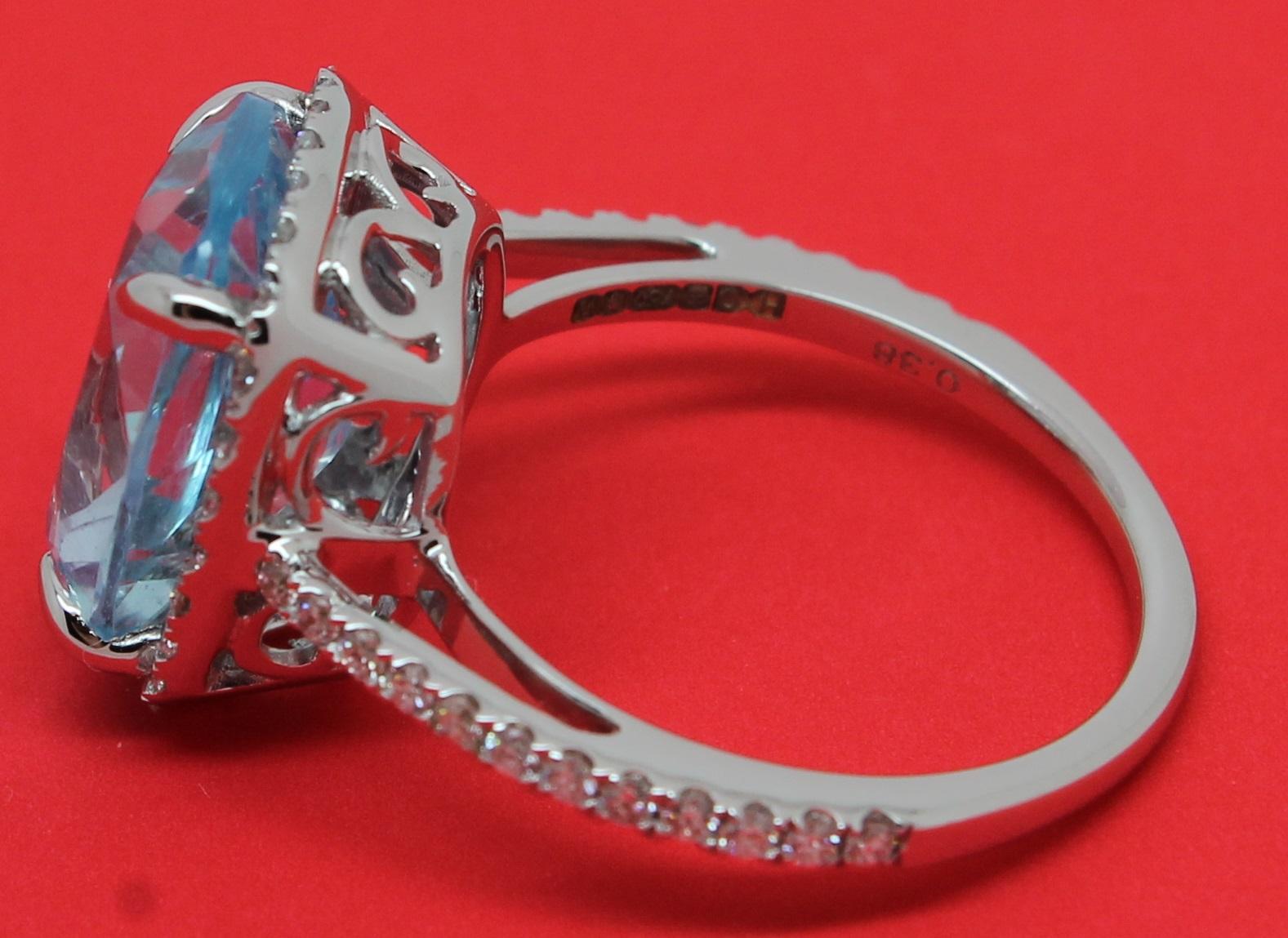 6 Carat Cushion Blue Topaz 18 Karat White Gold 0.38 Carat Diamond Halo Ring For Sale 2