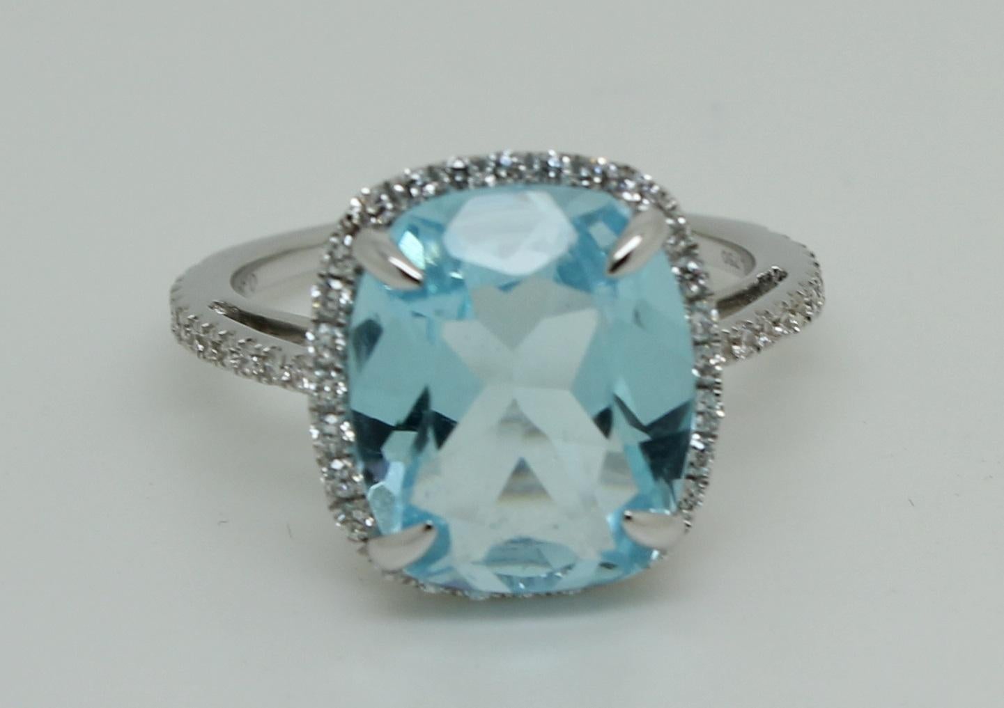 6 Carat Cushion Blue Topaz 18 Karat White Gold 0.38 Carat Diamond Halo Ring For Sale 5