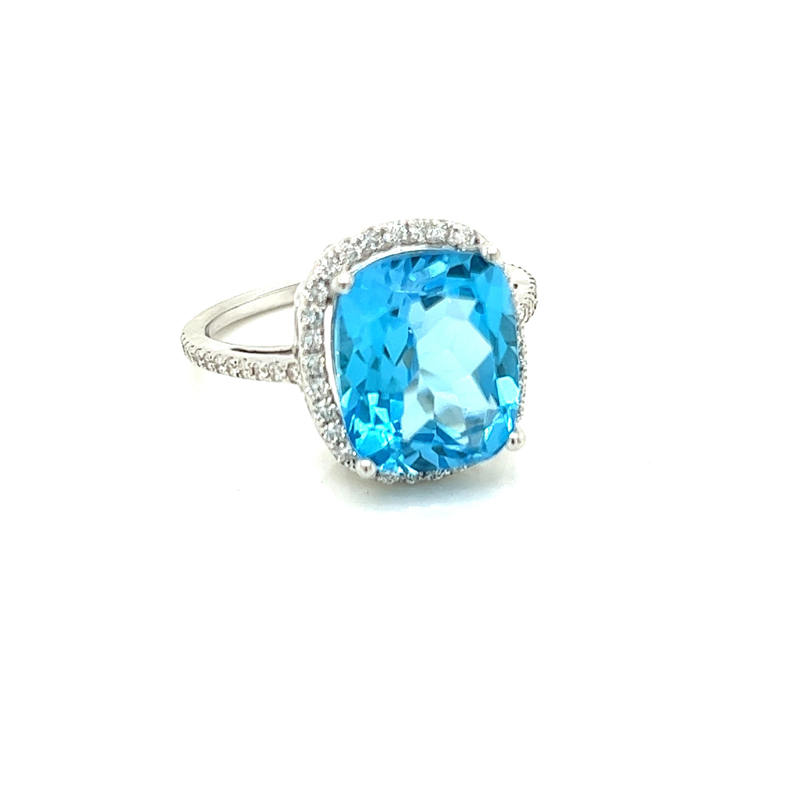 6 Carat Cushion Blue Topaz 18 Karat White Gold 0.38 Carat Diamond Halo Ring For Sale 8