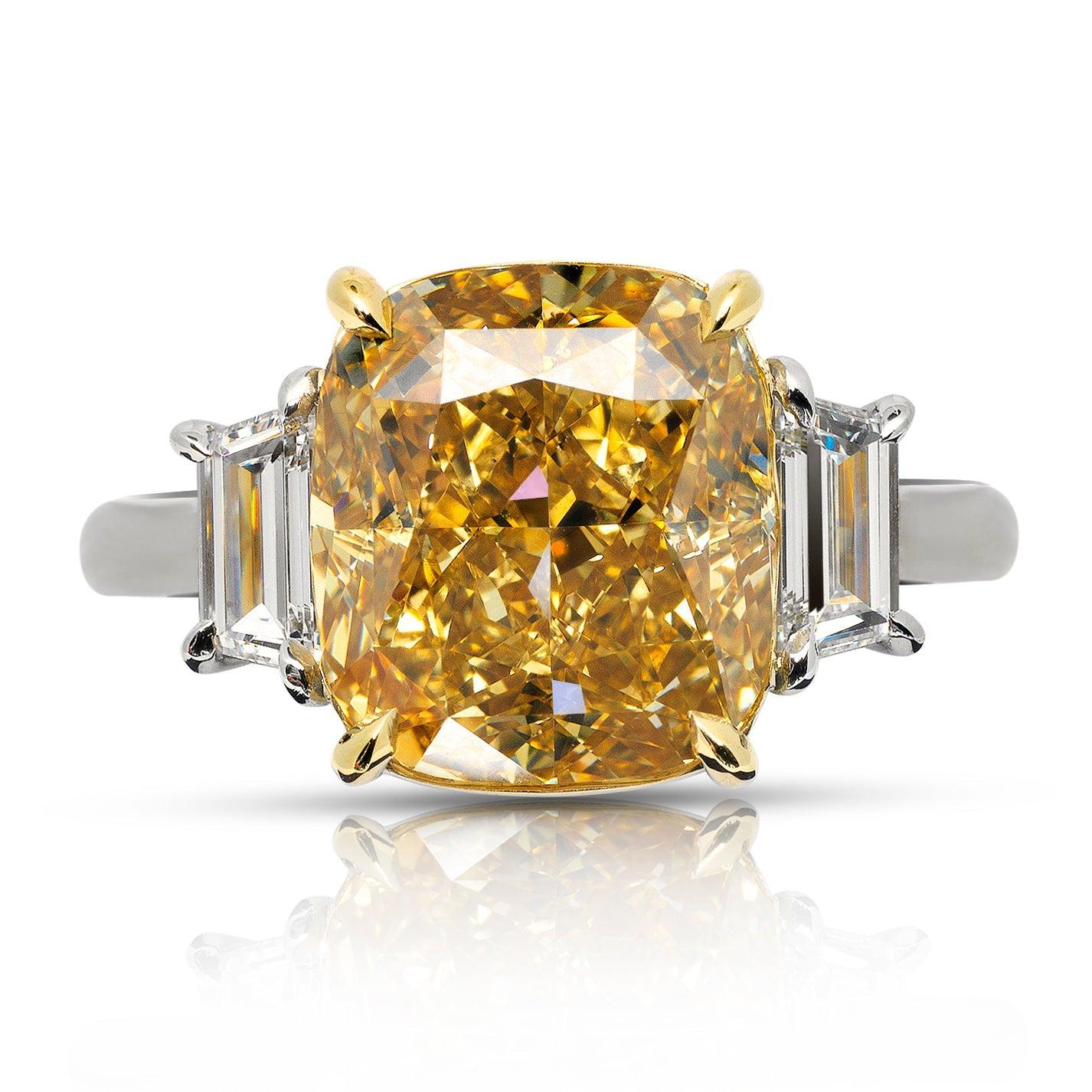 SARI  CUSHION CUT DIAMOND ENGAGEMENT RING  BY MIKE NEKTA
GIA CERTIFIED

Center Diamond
Carat Weight: 5.6 Carats
Color : NATURAL FANCY DEEP BROWNISH YELLOW FDBY
Clarity: SI1
Style: CUSHION CUT
Approximate Measurements:  10.4 x 9.3 x 6.4 mm
