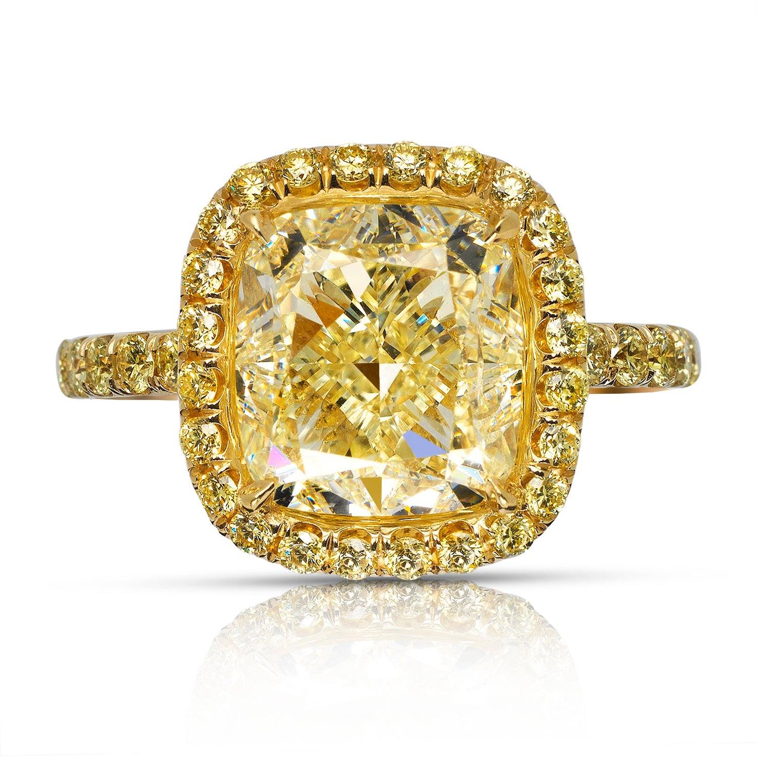 TASHE YELLOW DIAMOND ENGAGEMENT RING 18K BY MIKE NEKTA
 
Center Diamond:
Carat Weight: 5 Carats
Color:  Y TO Z RANGE 
Clarity: VVS2
Style:  CUSHION MODIFIED BRILLIANT
Approximate Measurements:  9.3 x 8.9 x 6.4 mm 
 
Ring:
Metal: 18K GOLD
Metal