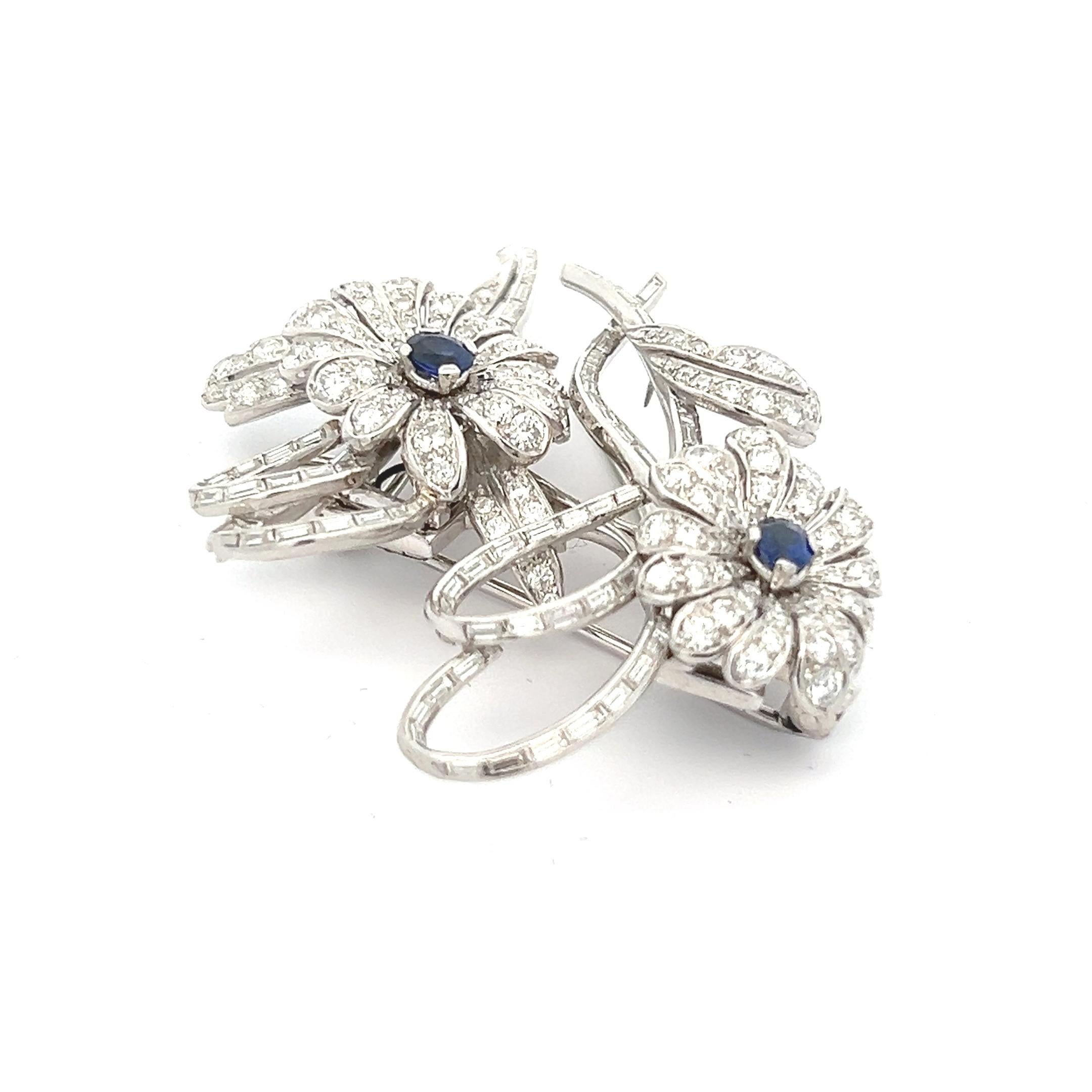 6 Carat Diamond Blue Sapphire Double Clip Deco Style 18 Karat White Gold Brooch For Sale 10