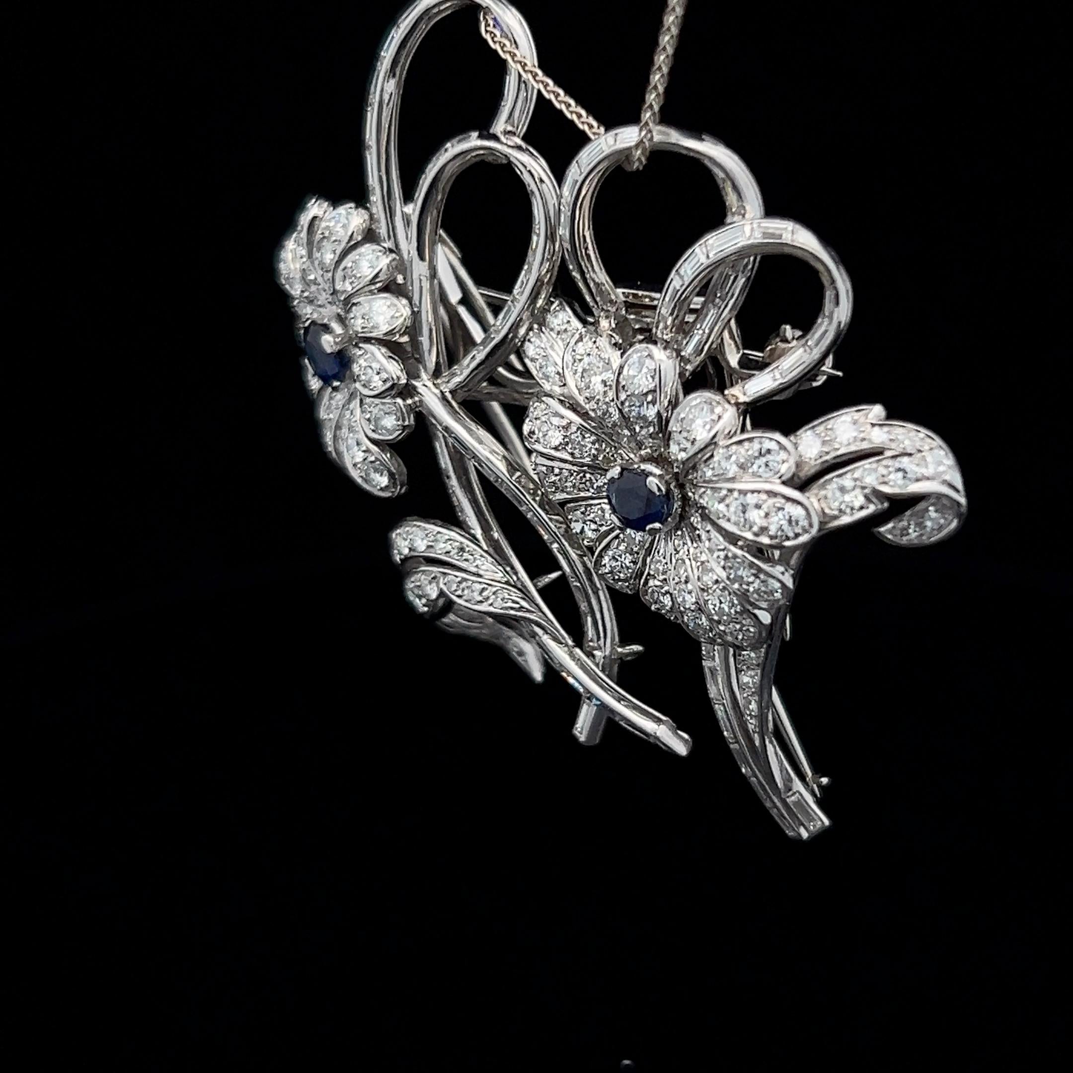 6 Carat Diamond Blue Sapphire Double Clip Deco Style 18 Karat White Gold Brooch For Sale 12