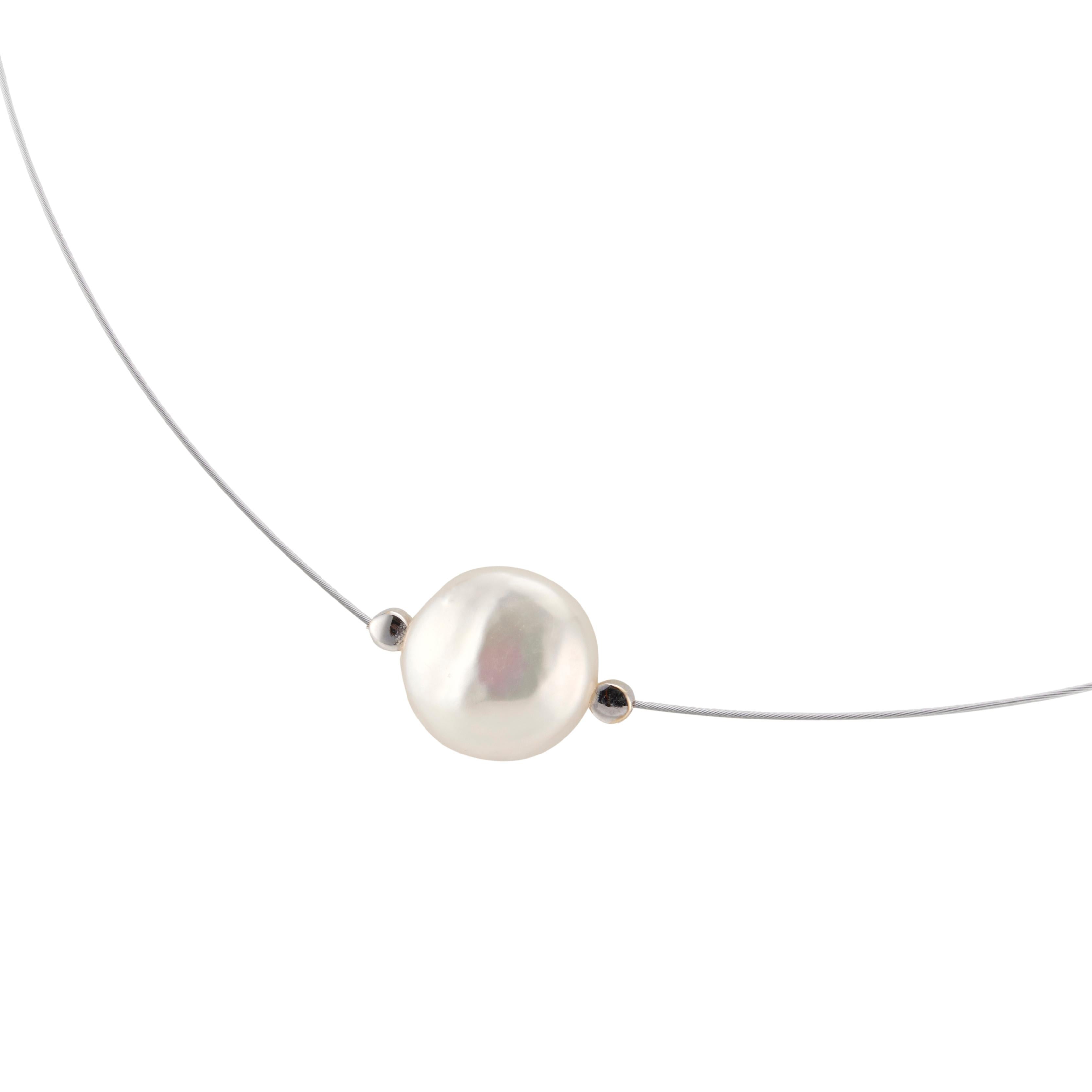 Round Cut .6 Carat Diamond Cultured Freshwater Pearl White Gold Wire Necklace For Sale