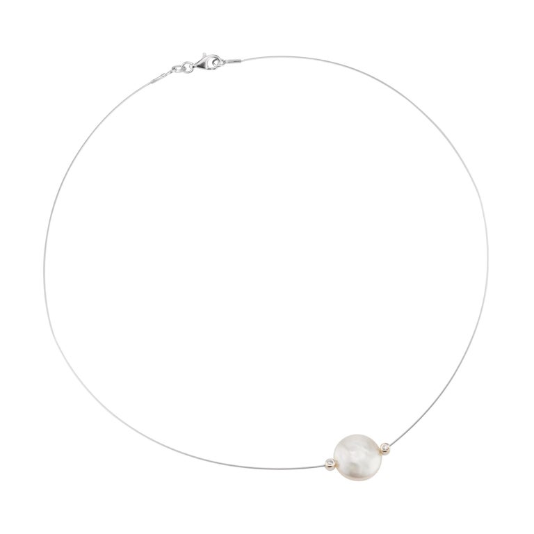 .6 Carat Diamond Cultured Freshwater Pearl White Gold Wire Necklace For Sale at 1stDibs