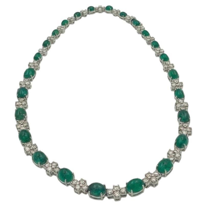 6 Carat Diamond Emerald Cabochon 18k White Gold Necklace