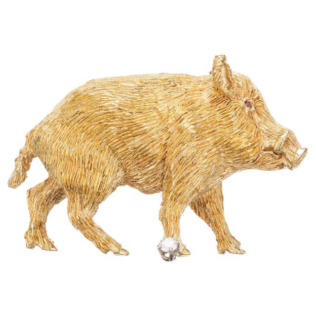 Extremely Lifelike French 18k Gold Wild Boar Brooch For Sale at 1stDibs ...