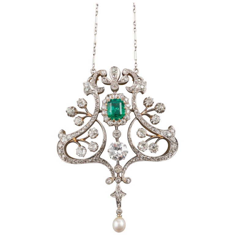6 Carat Diamonds an 3 Carat Emerald French Art Nouveau Pendant Necklace ...