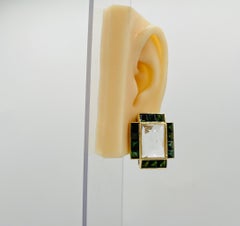 6 Carat Each Rock Crystal & Green Tourmaline Square Earrings in 18K Yellow Gold