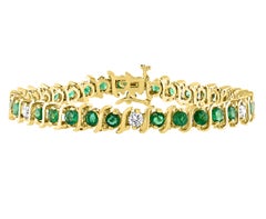 6 Carat Emerald & 1.5 Carat Diamond Tennis Bracelet 14 Karat Yellow Gold S-Shape