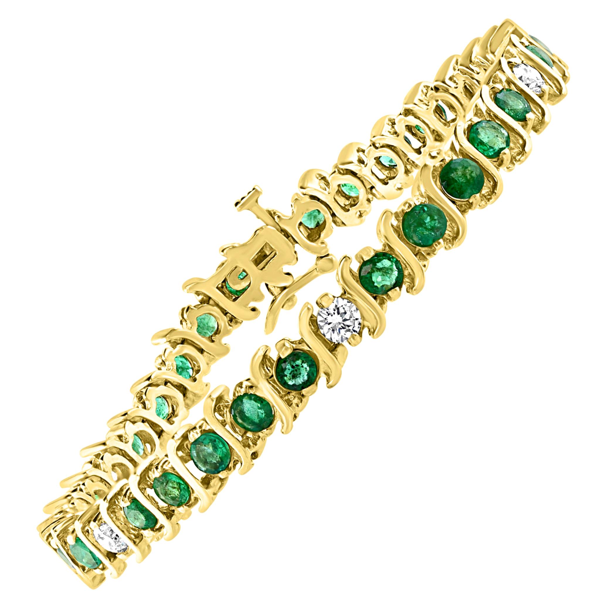 6 Carat Emerald & 1.5 Carat Diamond Tennis Bracelet 14 Karat Yellow Gold S-Shape For Sale