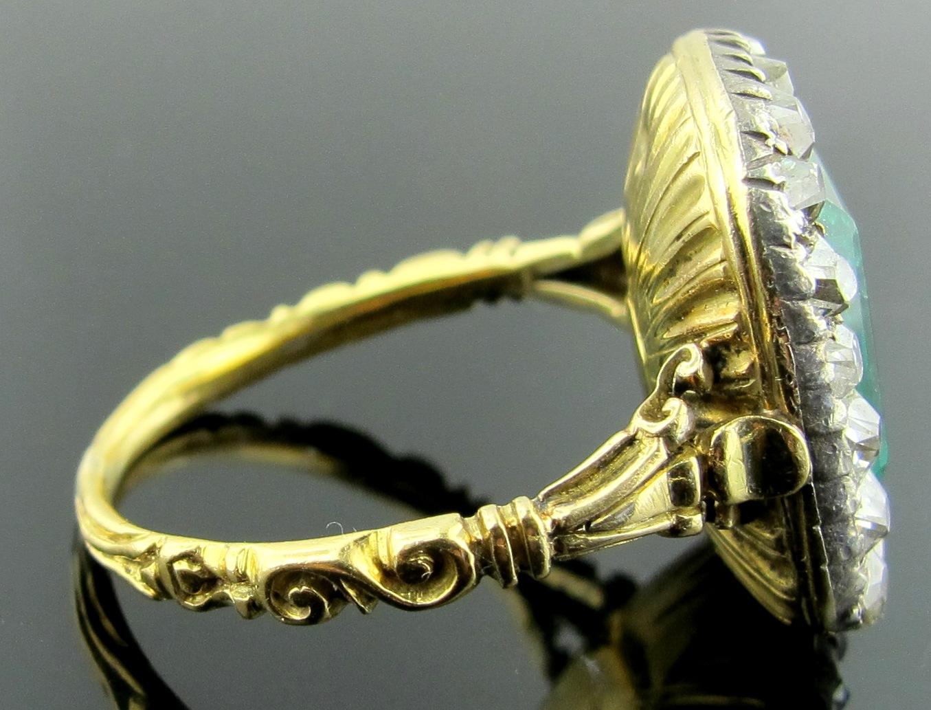 Emerald Cut 6 Carat Emerald and Diamond Ring, Silver on 14 Karat Gold, circa 1880