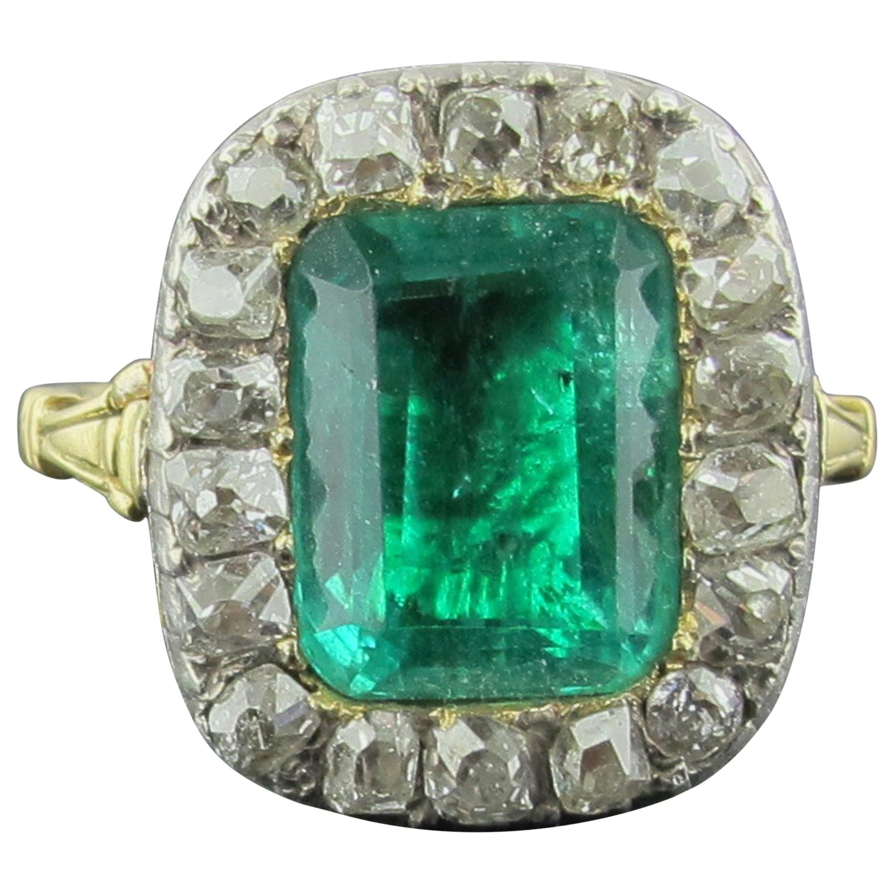 6 Carat Emerald and Diamond Ring, Silver on 14 Karat Gold, circa 1880