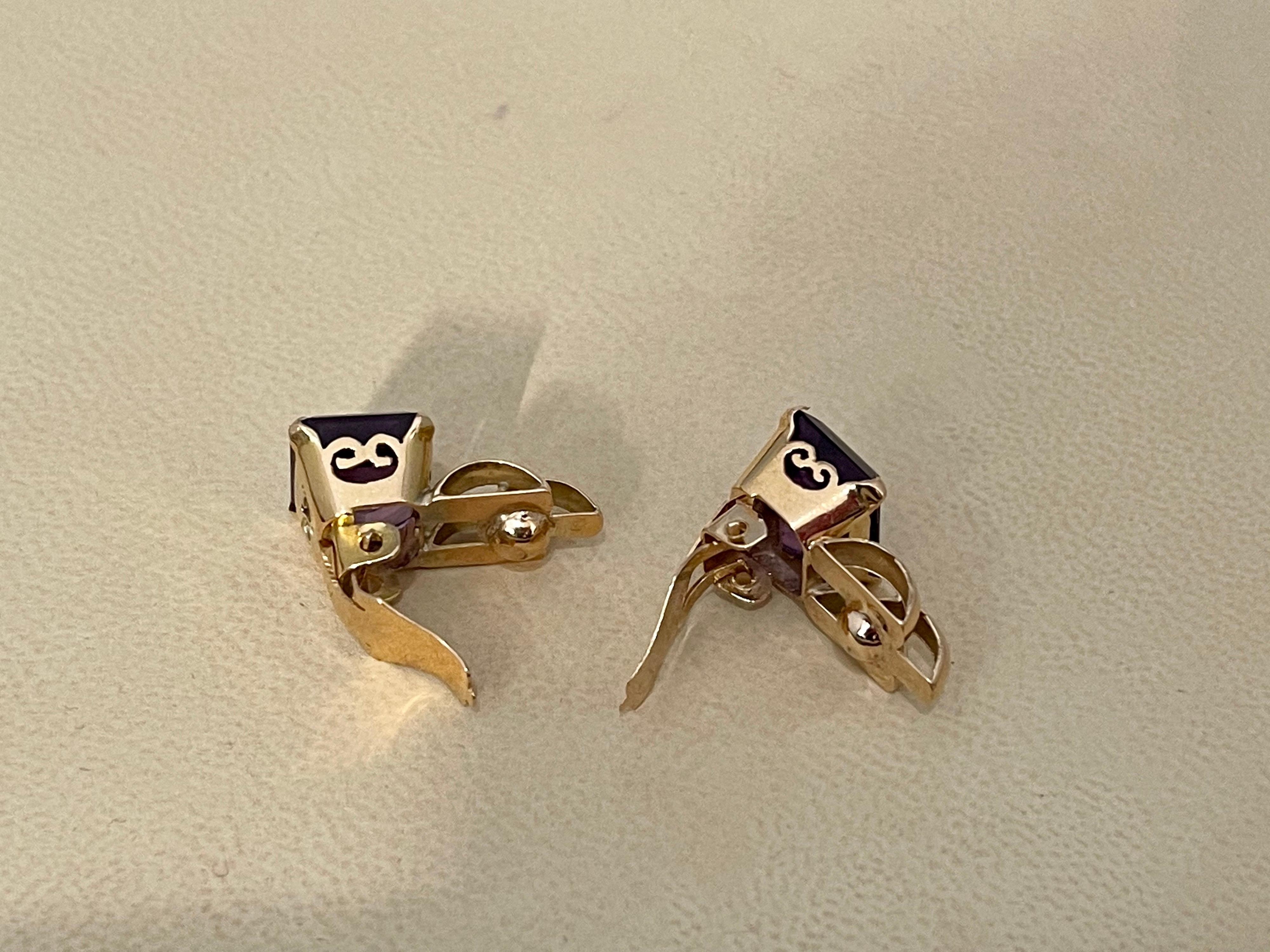 6 Carat Emerald Cut Amethyst 14 Karat Yellow Gold Clip Earrings In Excellent Condition In New York, NY