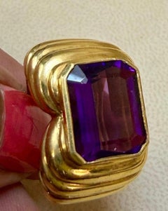 Natural 6cts Emerald cut Amethyst Unisex Bezel Set Ring in 18k Yellow Gold