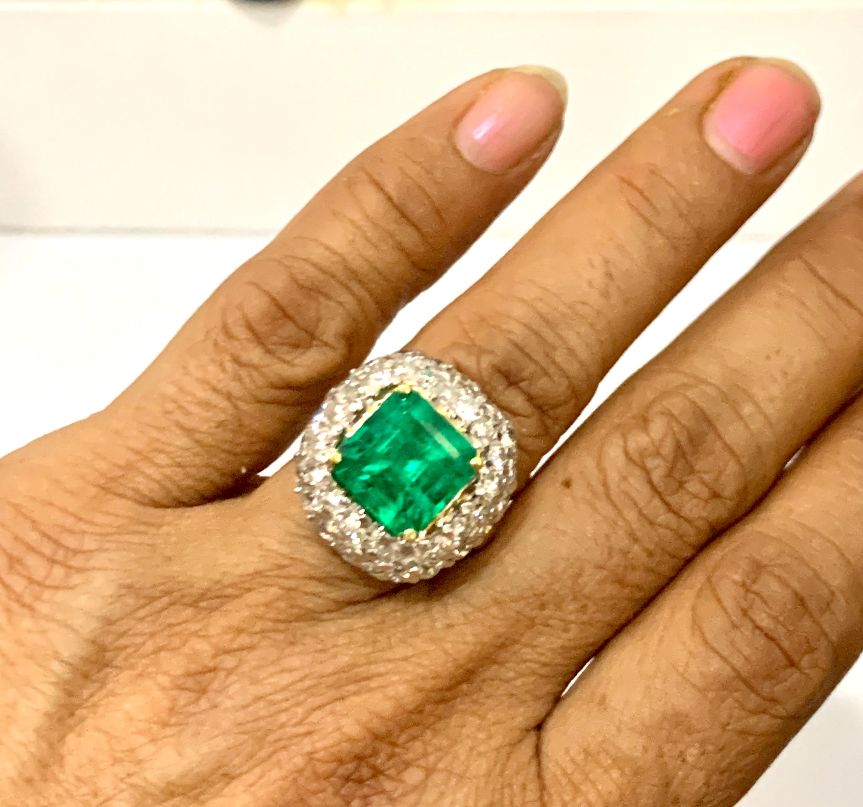 6 Carat Emerald Cut Colombian Emerald and 4 Carat Diamond Ring Platinum Two-Tone 6