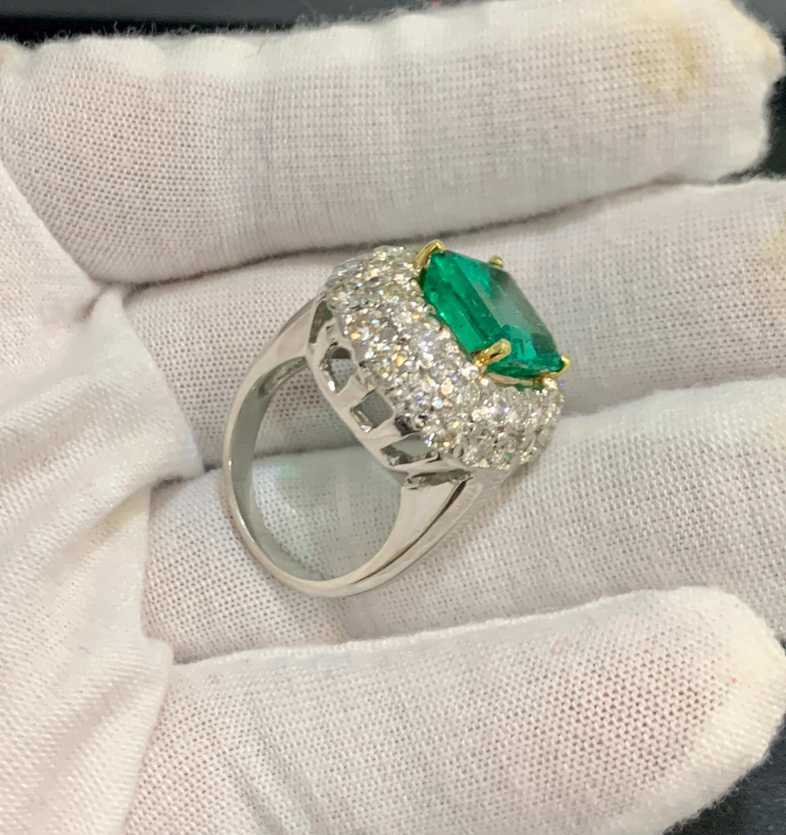 6 Carat Emerald Cut Colombian Emerald and 4 Carat Diamond Ring Platinum Two-Tone 1