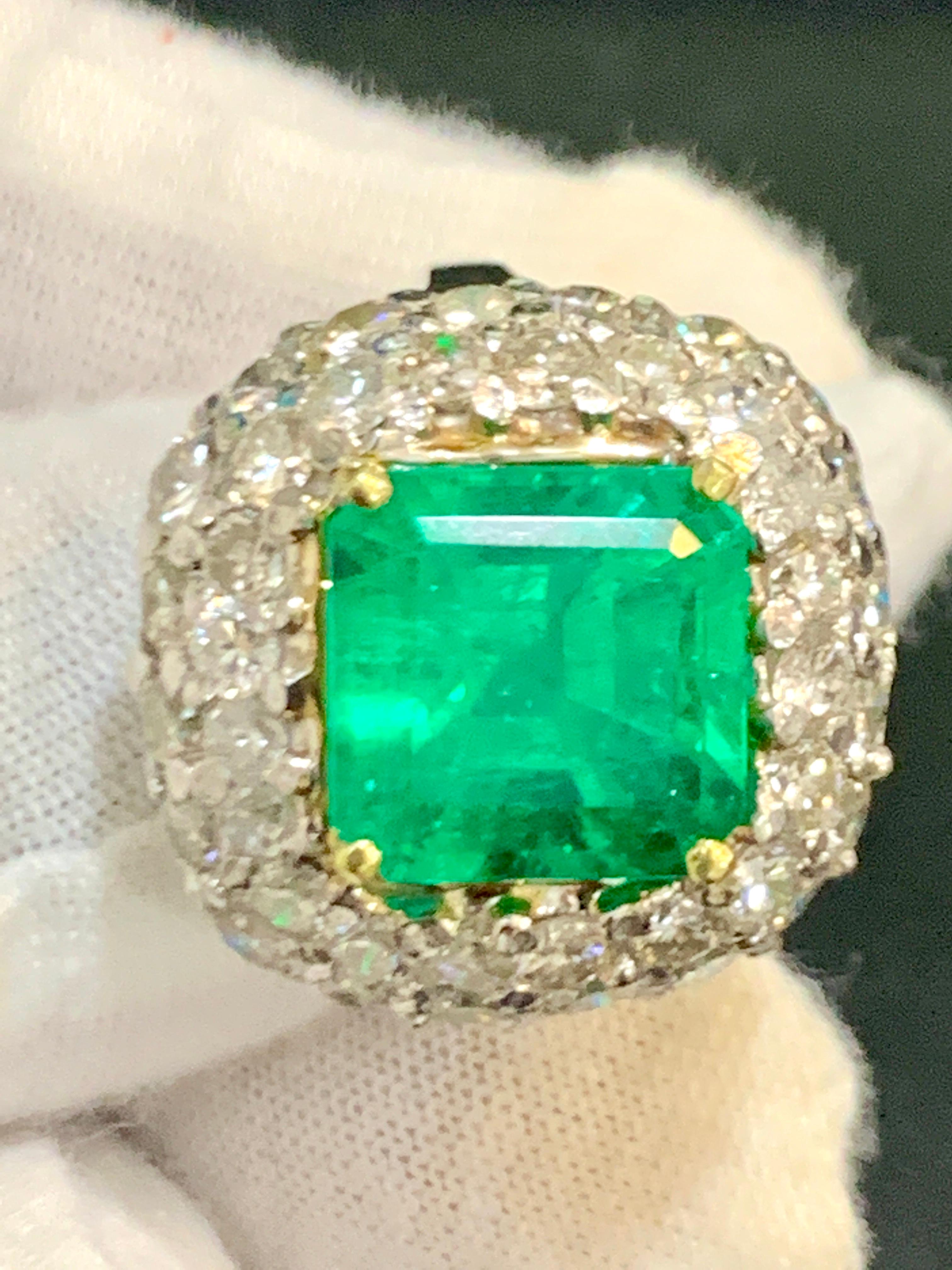 6 Carat Emerald Cut Colombian Emerald and 4 Carat Diamond Ring Platinum Two-Tone 2