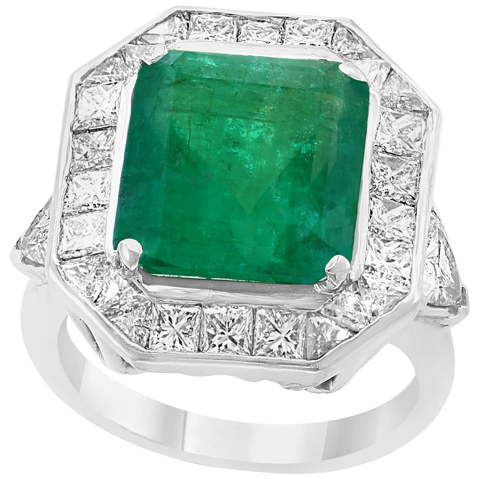 6 Carat Emerald Cut Colombian Emerald and Diamond 18 Karat Gold Ring Estate