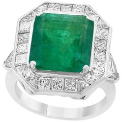 Antique 6 Carat Emerald Cut Colombian Emerald and Diamond 18 Karat Gold Ring Estate