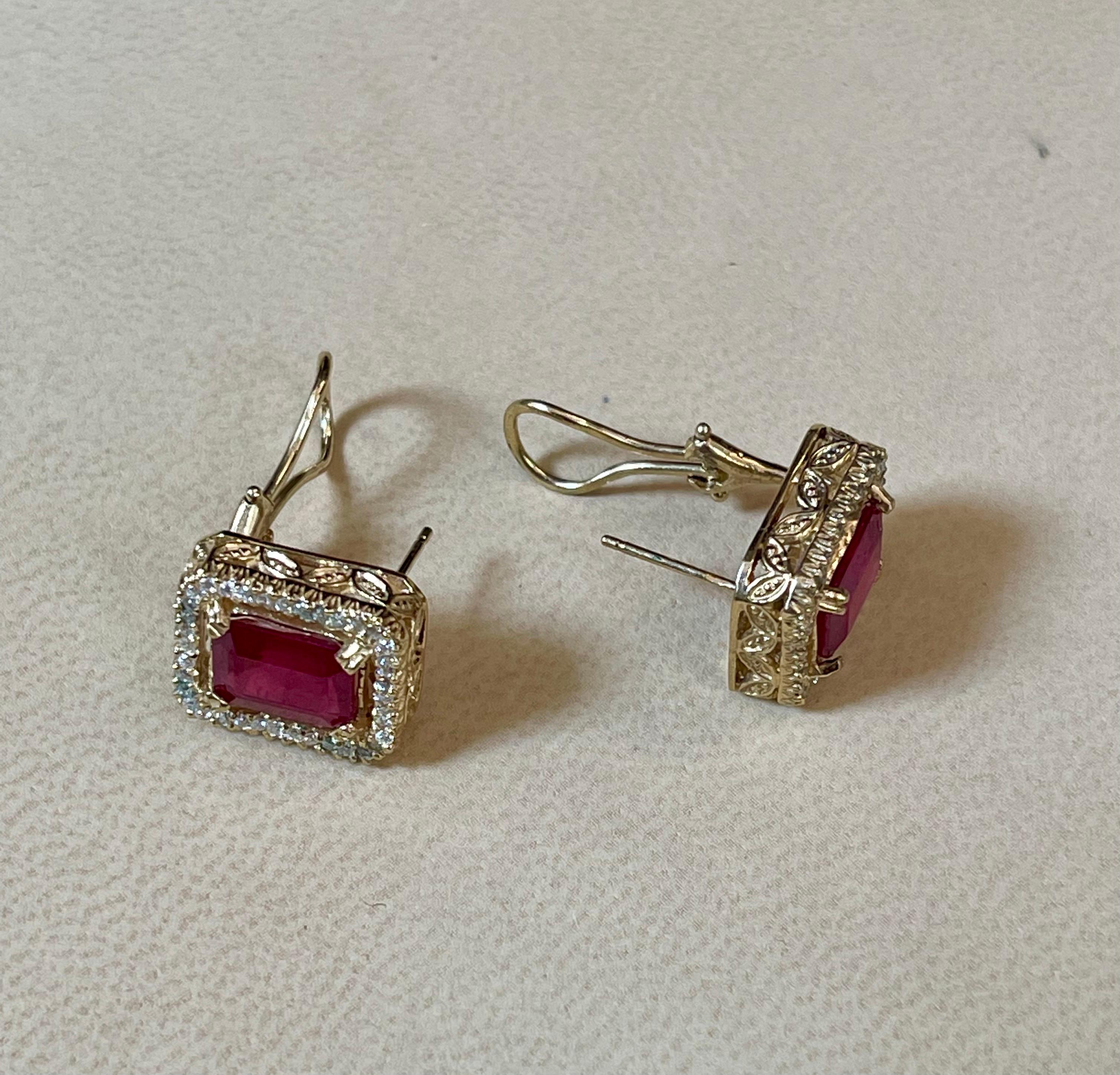 6 Carat Emerald Cut Treated Ruby & .7 Ct Diamond Stud Earrings 14 Kt Yellow Gold 3