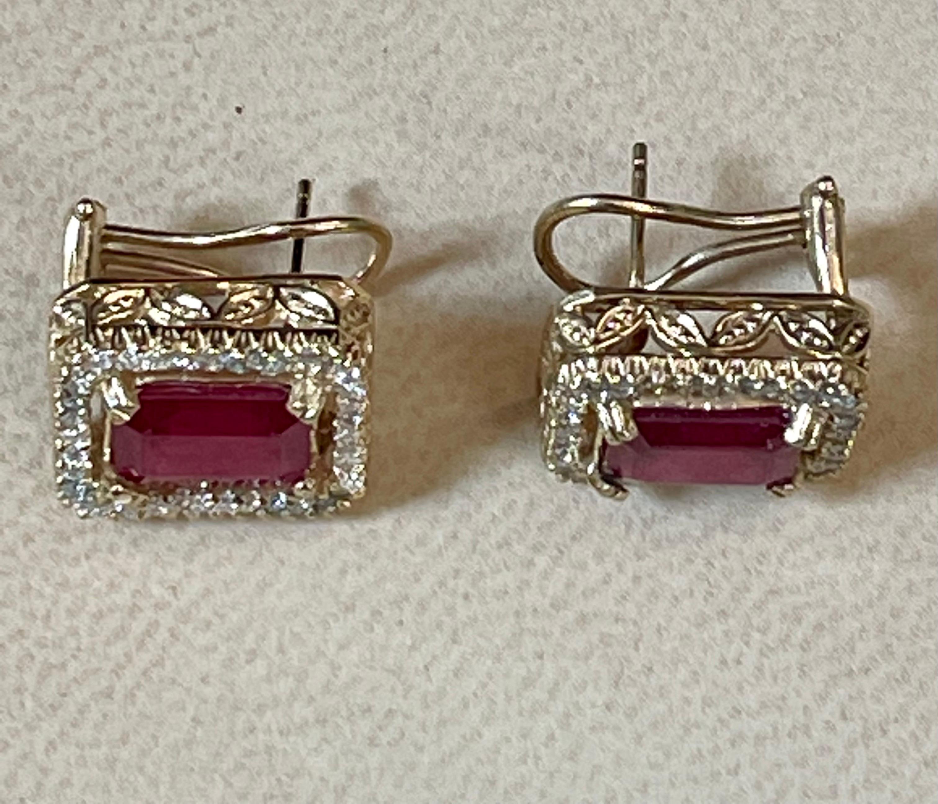 6 Carat Emerald Cut Treated Ruby & .7 Ct Diamond Stud Earrings 14 Kt Yellow Gold 4