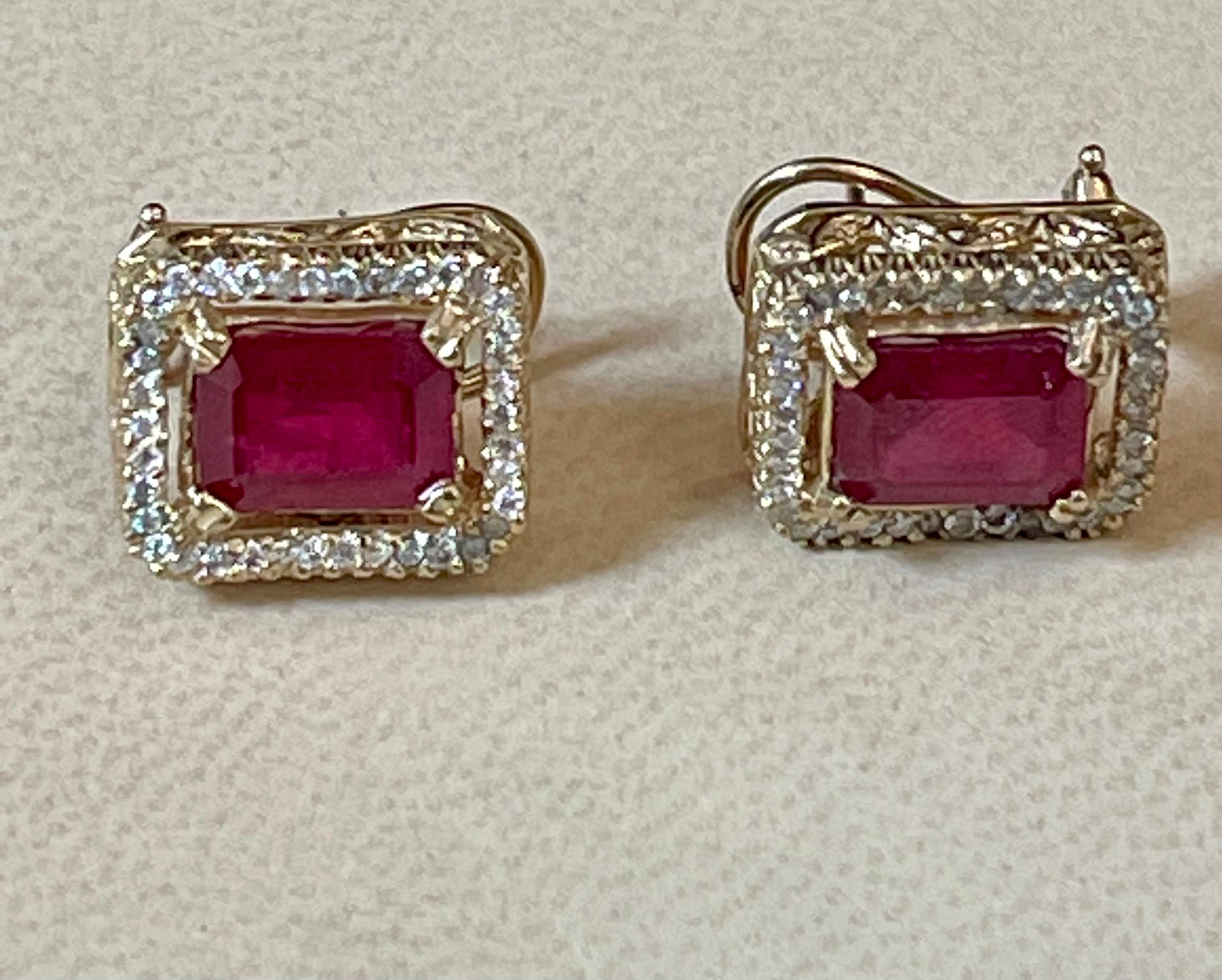 6 Carat Emerald Cut Treated Ruby & .7 Ct Diamond Stud Earrings 14 Kt Yellow Gold 5